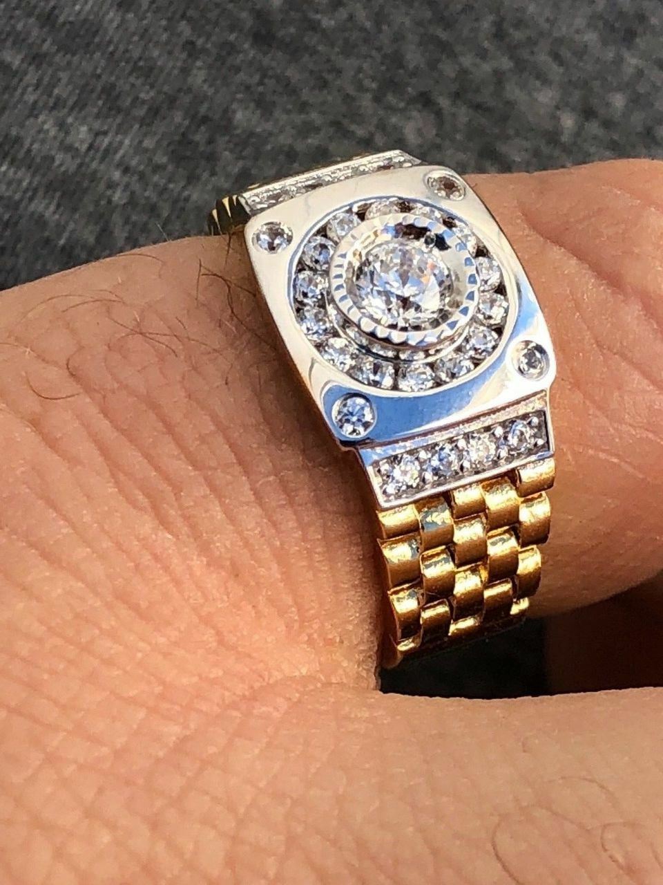 10k Gold Plated Solid 925 Sterling Silver Presidential Watch Band Ring Pinky CZ