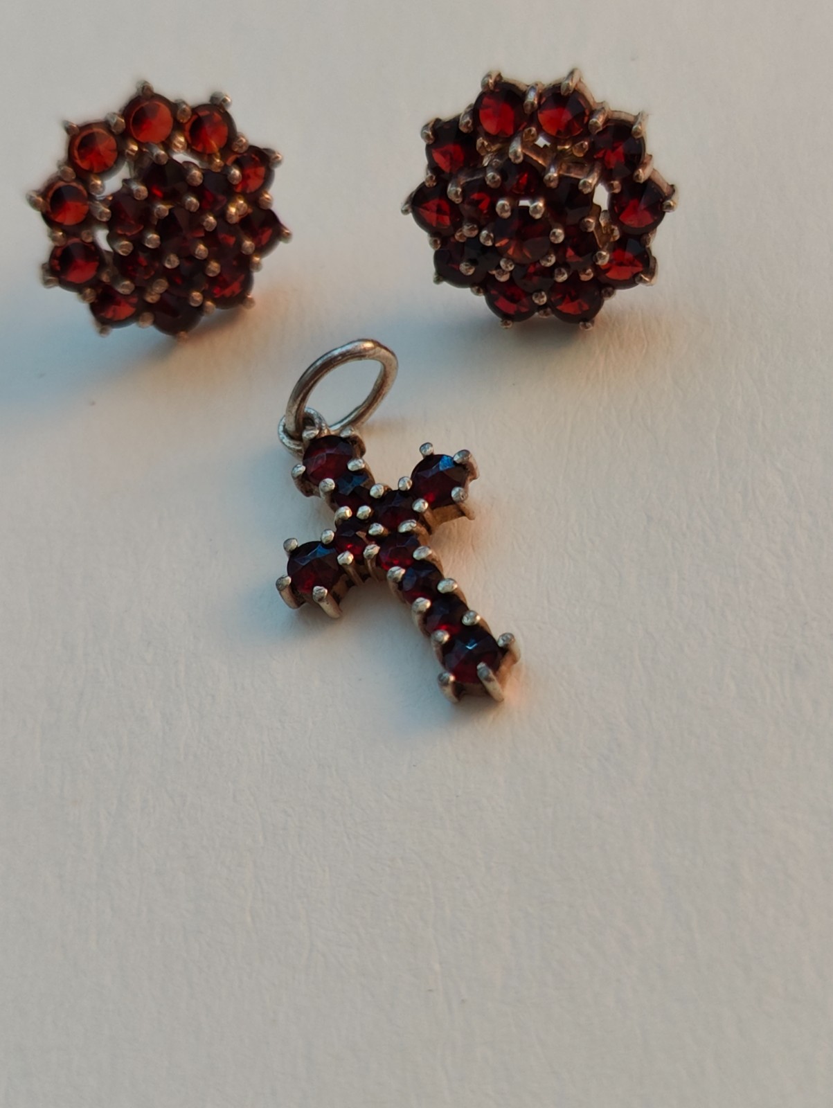 Vintage Vermeil Silver Deep Burgundy Garnet Cluster Post Earrings & Garnet Cross