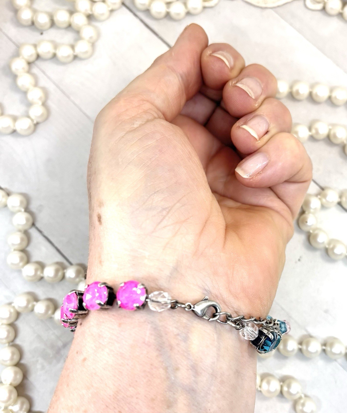 Neon Pink Delite And Teal Swarovski Crystal Cup Chain Tennis Bracelet
