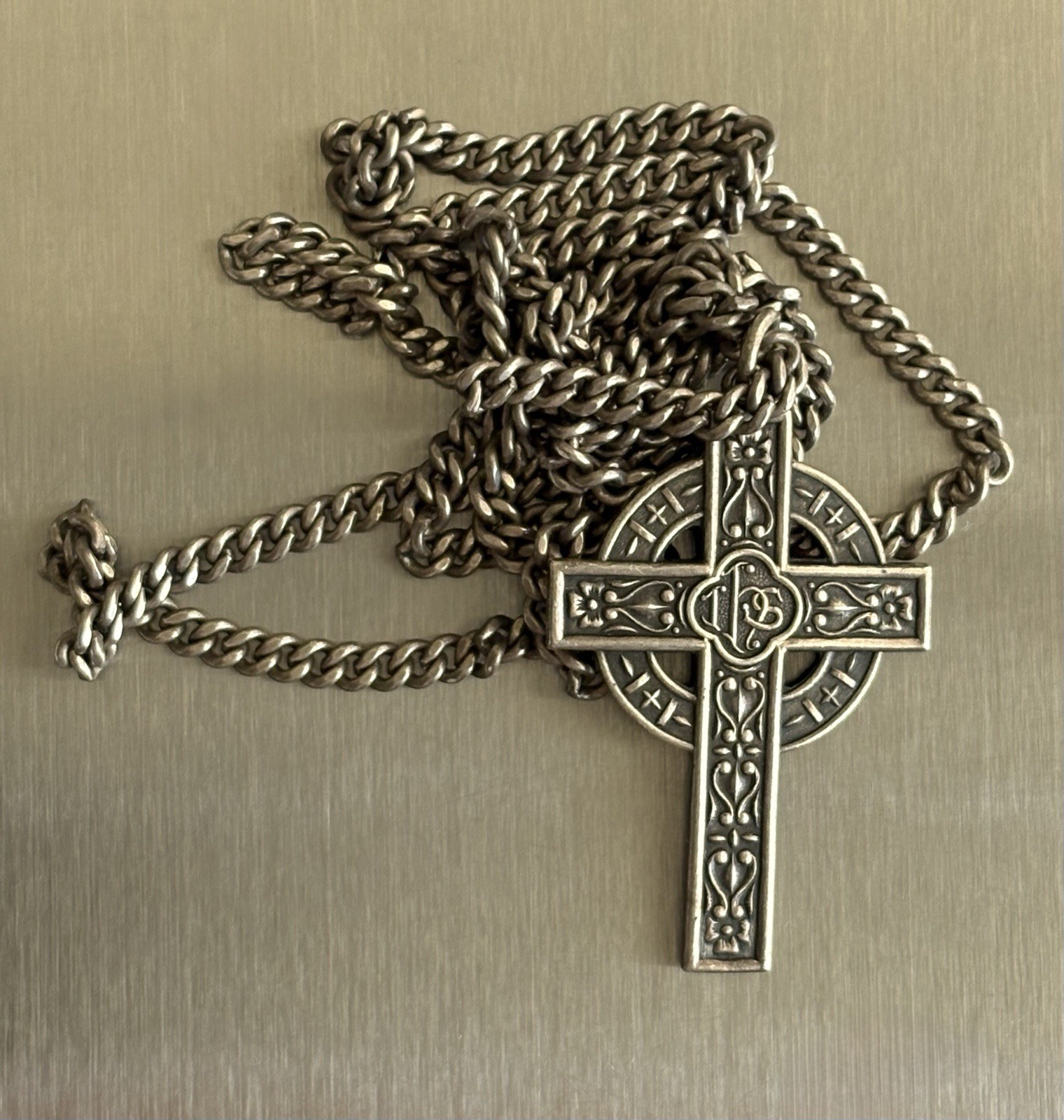 VTG Sterling Silver Celtic Cross Pendant Endless Over The Head Curb Chain 20.5g