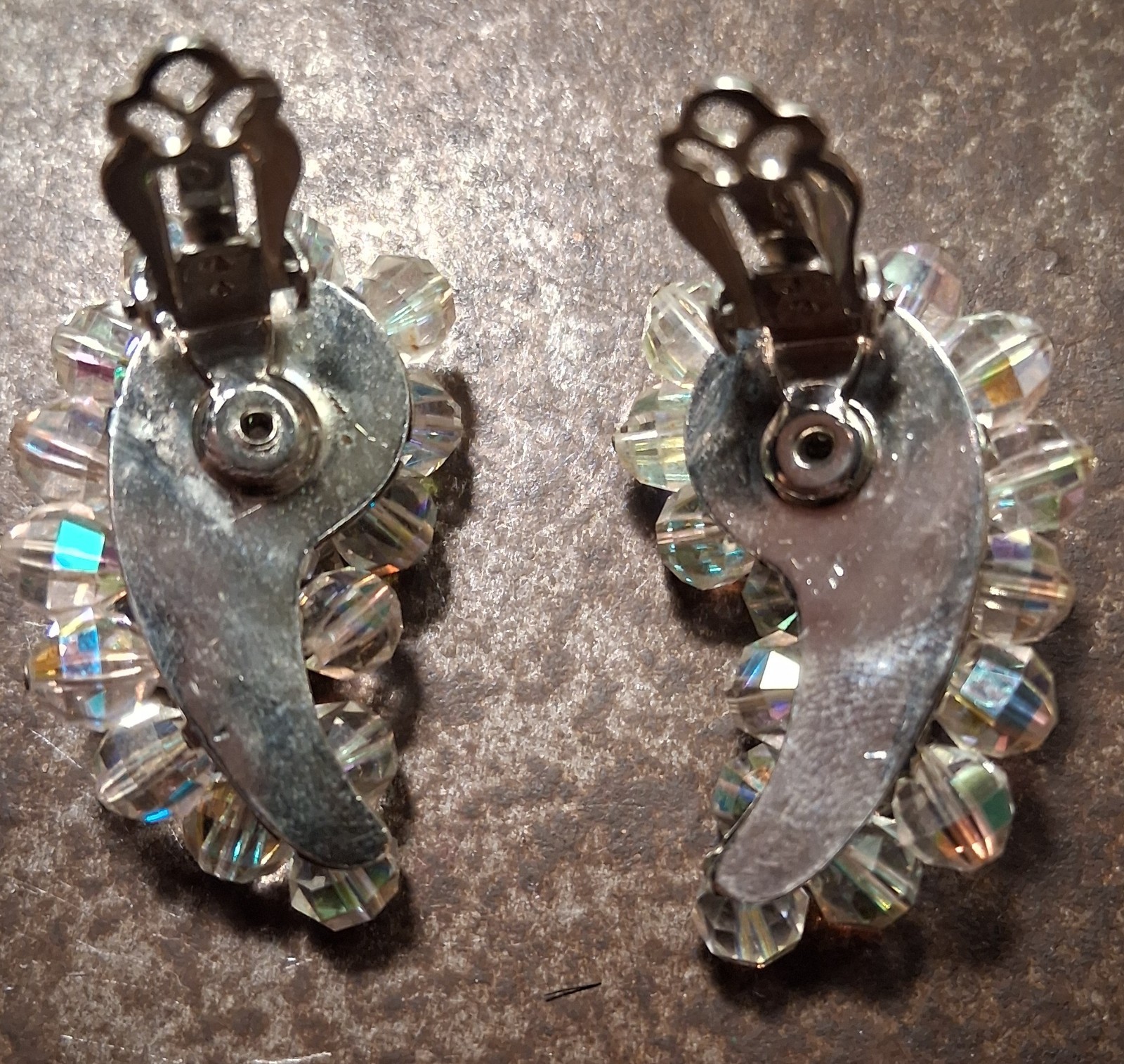 Vtg Crystal LAGUNA Clip Earring Cluster Aurora Borealis Bead Crescent Silvertone