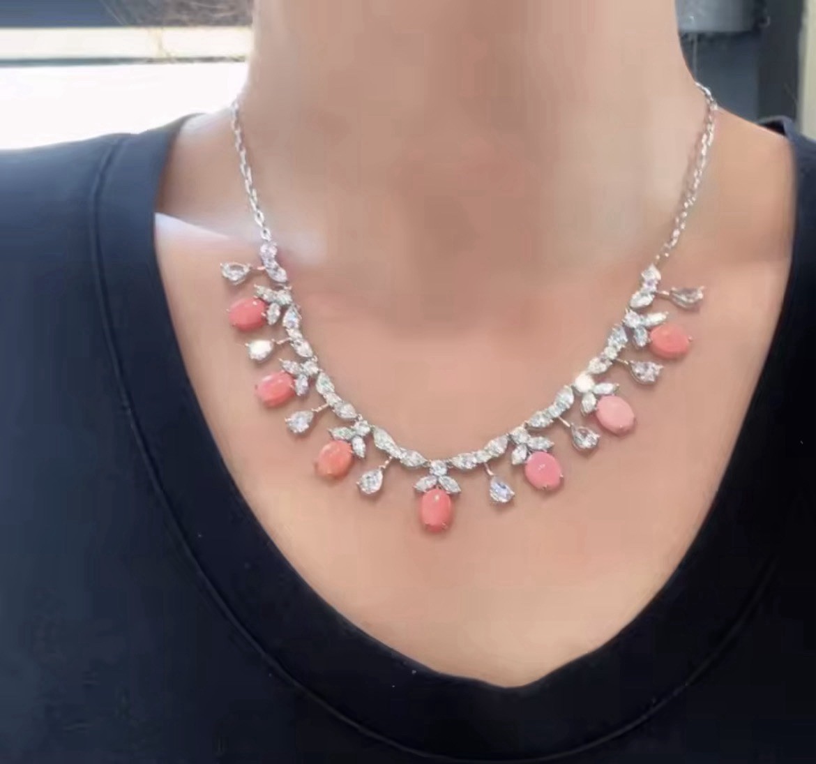 Elegant Natural Pink Conch Pearl Drop Necklace, Lab Diamonds, 925 SS