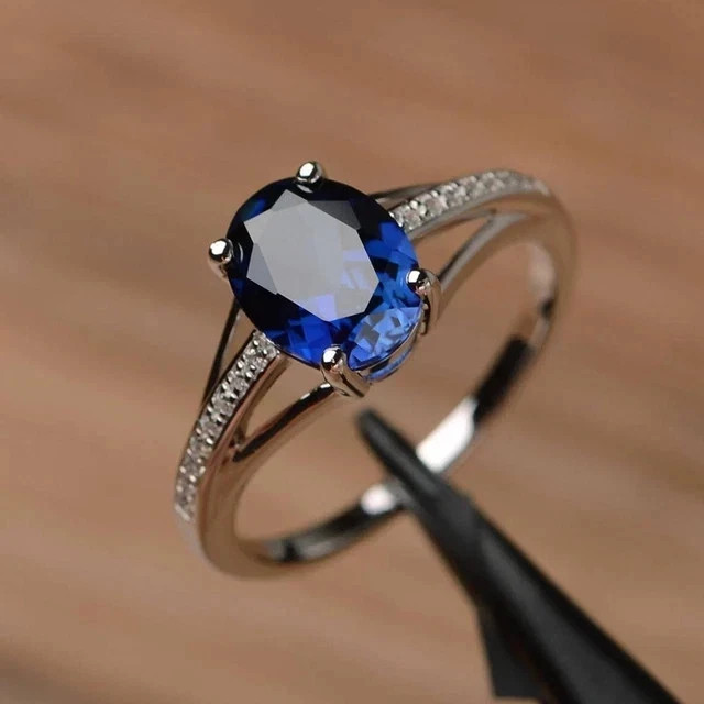 2.20 Ct Oval Cut Natural Blue Sapphire & Diamond Wedding Ring 14K White Gold