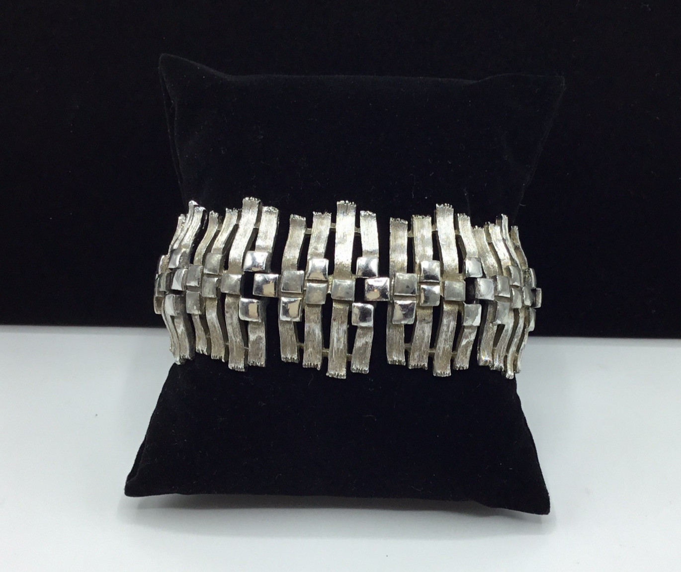 Vintage Monet Silver Tone Brutalist Bracelet with Safety Chain