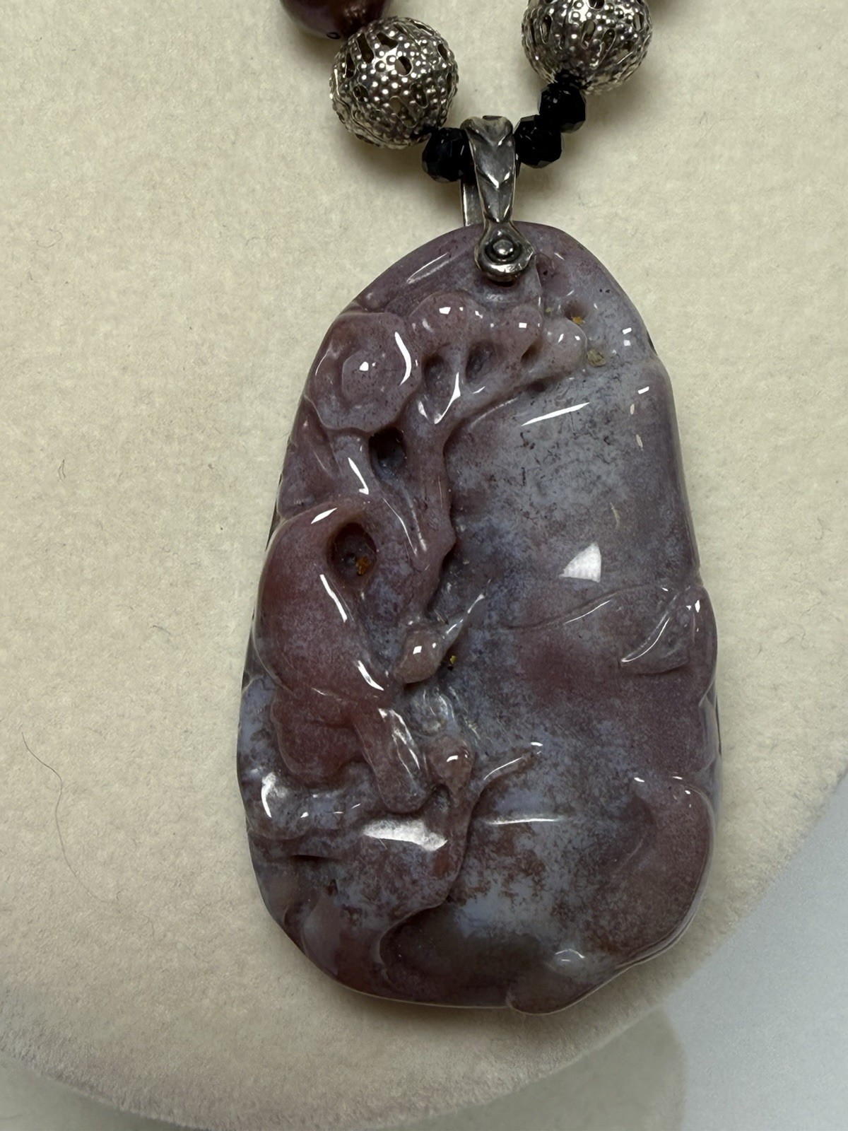 Vintage Carved Plum Blossom Agate Pendant Necklace Dyed Purple Freshwater Pearl