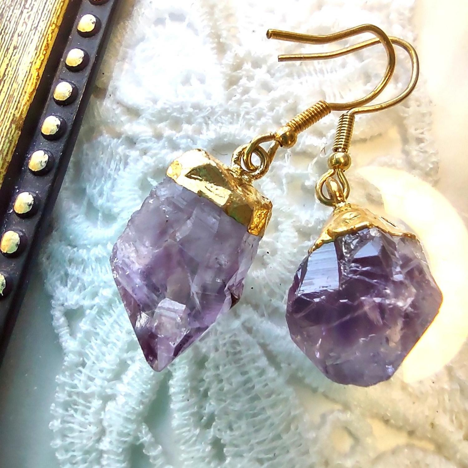 New! Gold (Color) Plated Purple Amethyst Gemstone Crystal Earrings, Free Ship!