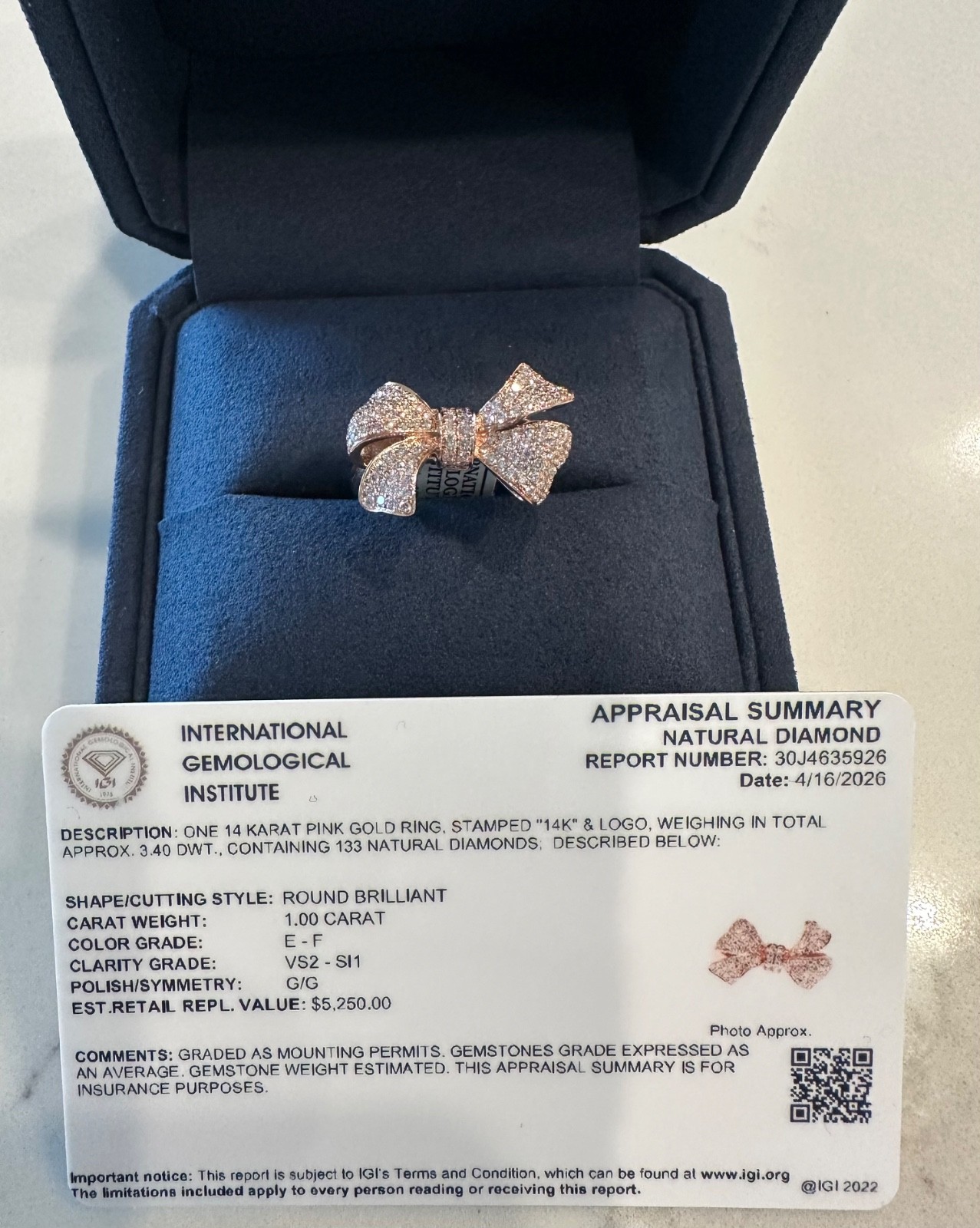 1.00 est tcw Natural Diamond & 14k Pink Gold Bow Ring IGI Report 30J4635926