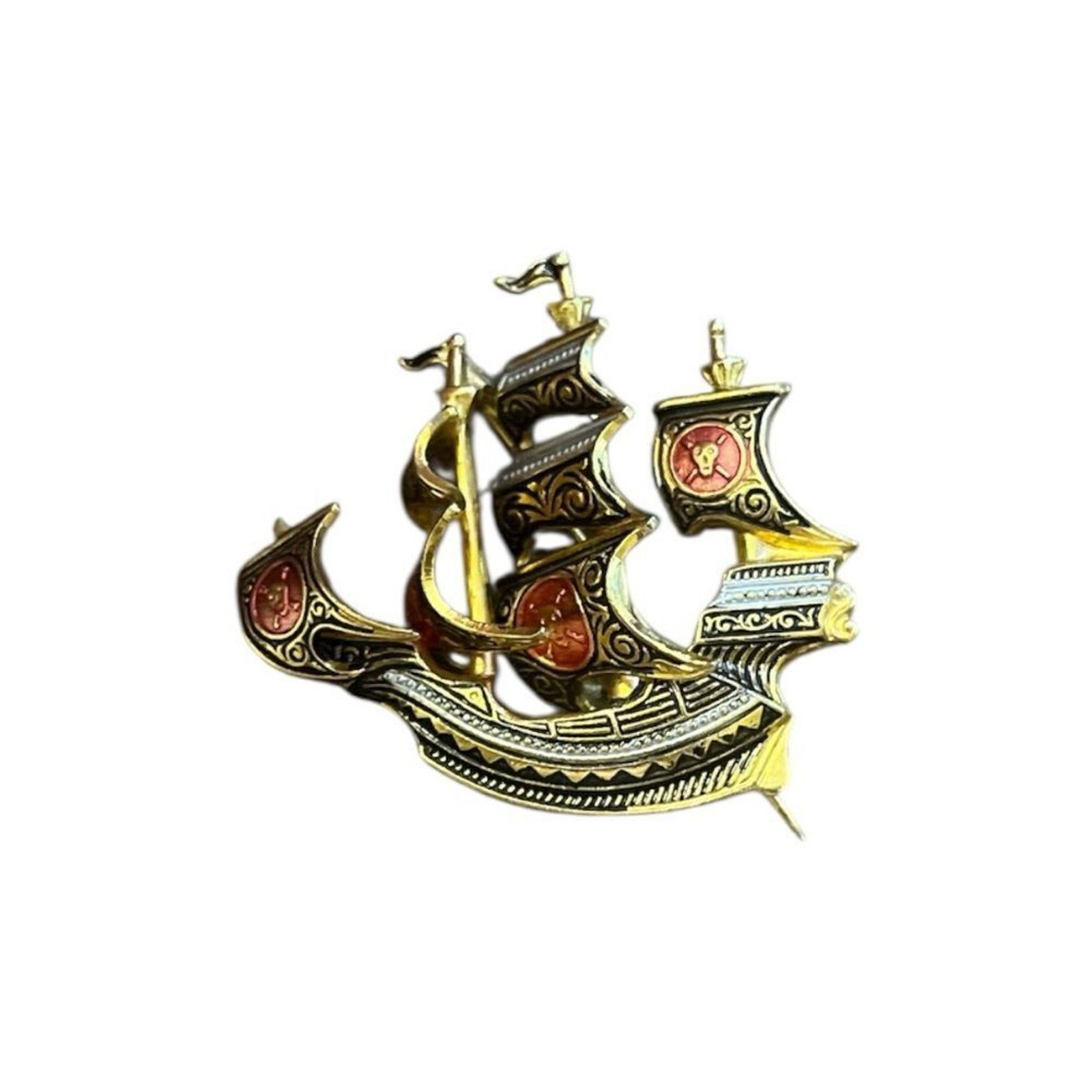 Vintage Damascene Brooch Pirate Ship Spanish Galleon Gold Tone Made in Spain