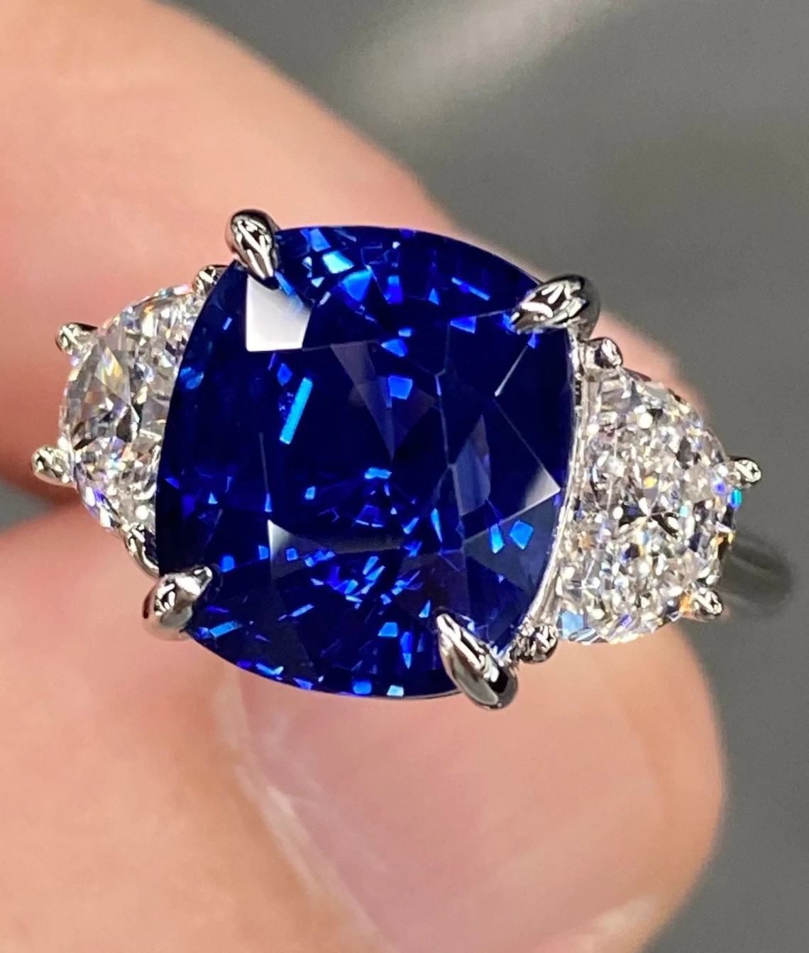 6.00 Ct Certified Cushion Shape Natural Blue Diamond Ring VVS1 White Gold Finish