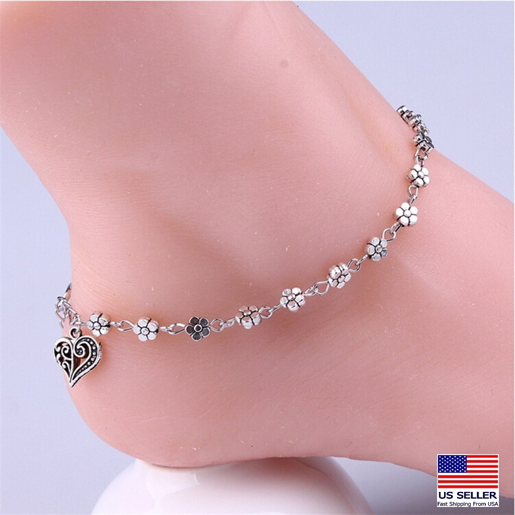 Women Ankle Bracelet Foot Chain Anklets 3D Ancient Silver Flowers Heart 1521
