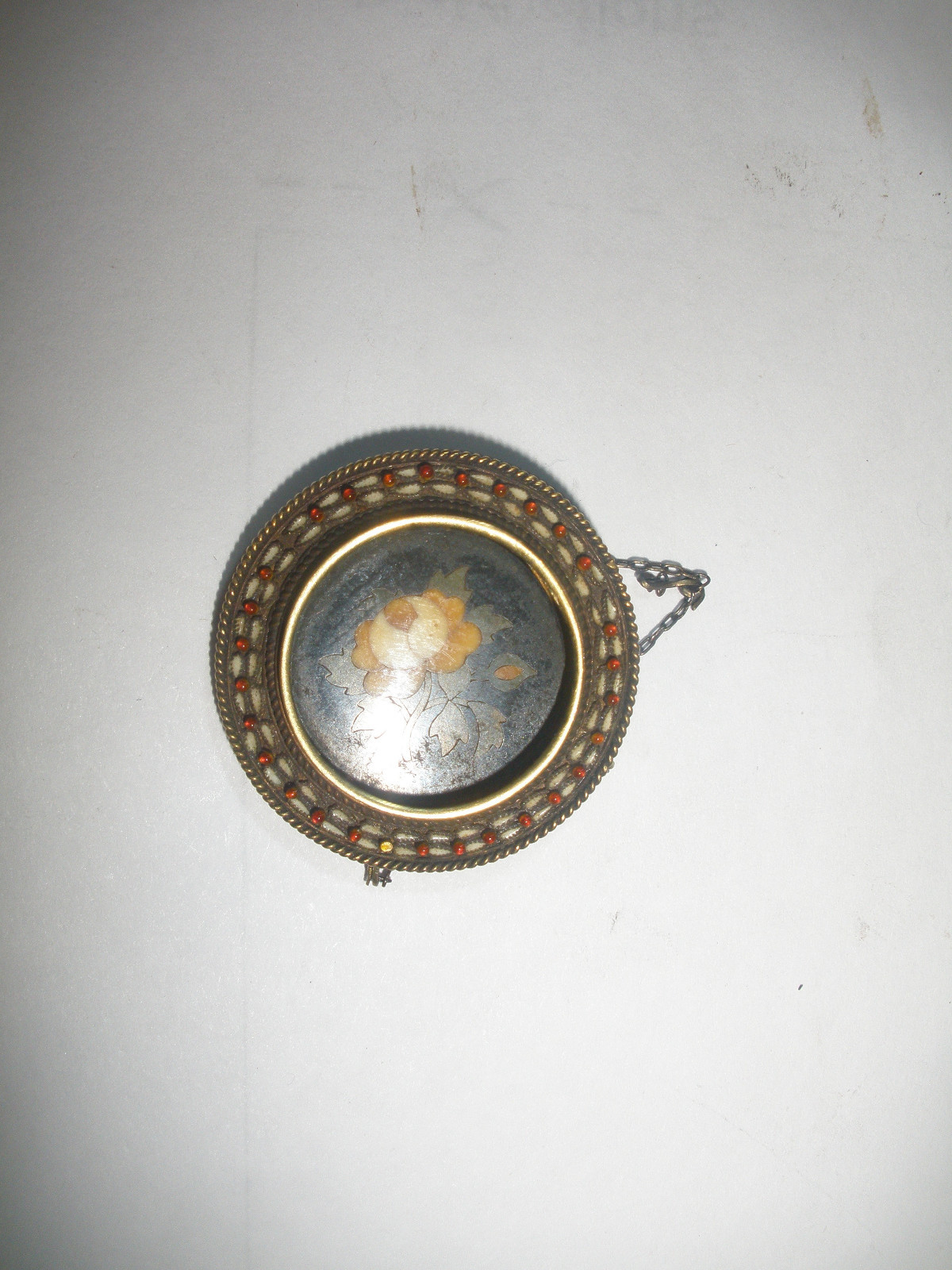 ANTIQUE 1800`s ITALIAN FLOWERS PIETRA DURA IN 10K GOLD ENAMEL PENDANT