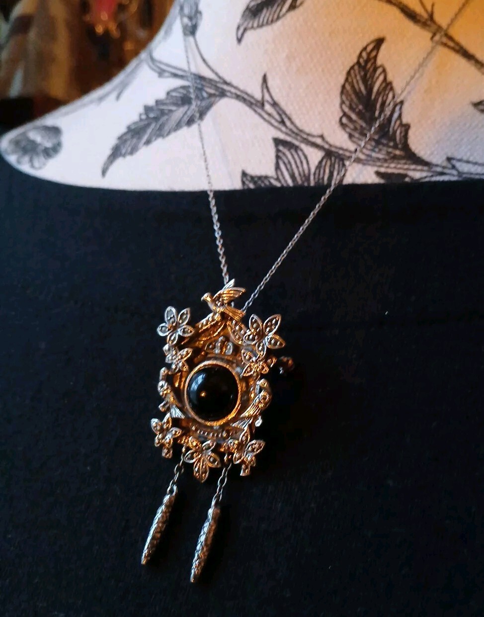 VTG Cuckoo Clock Germany Elo 925 Pendant Blk Onyx & Marcasite. 17″Chain 925Italy