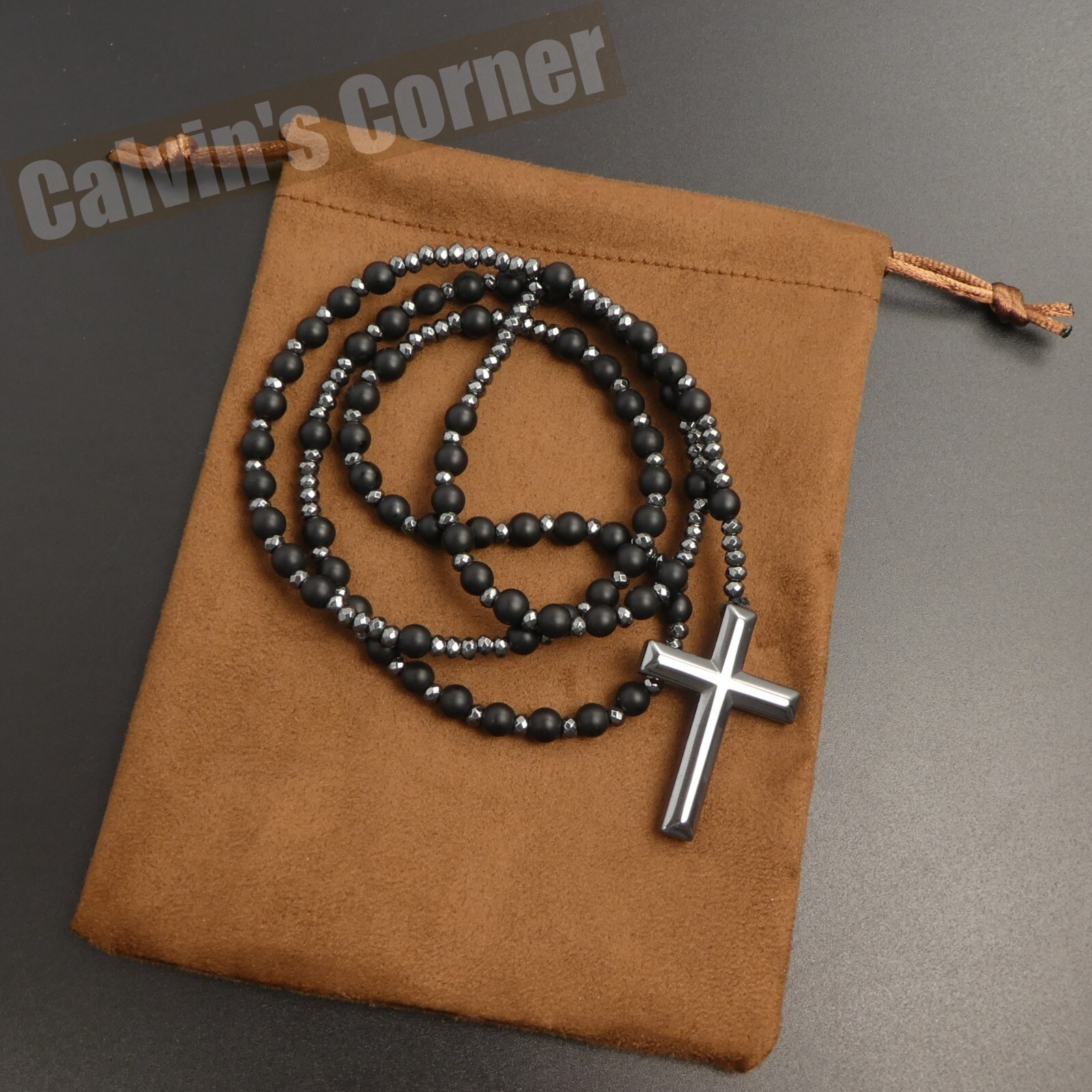 Matte Black Onyx Hematite Rosary Necklace Catholic Christ Cross Men Women Gift