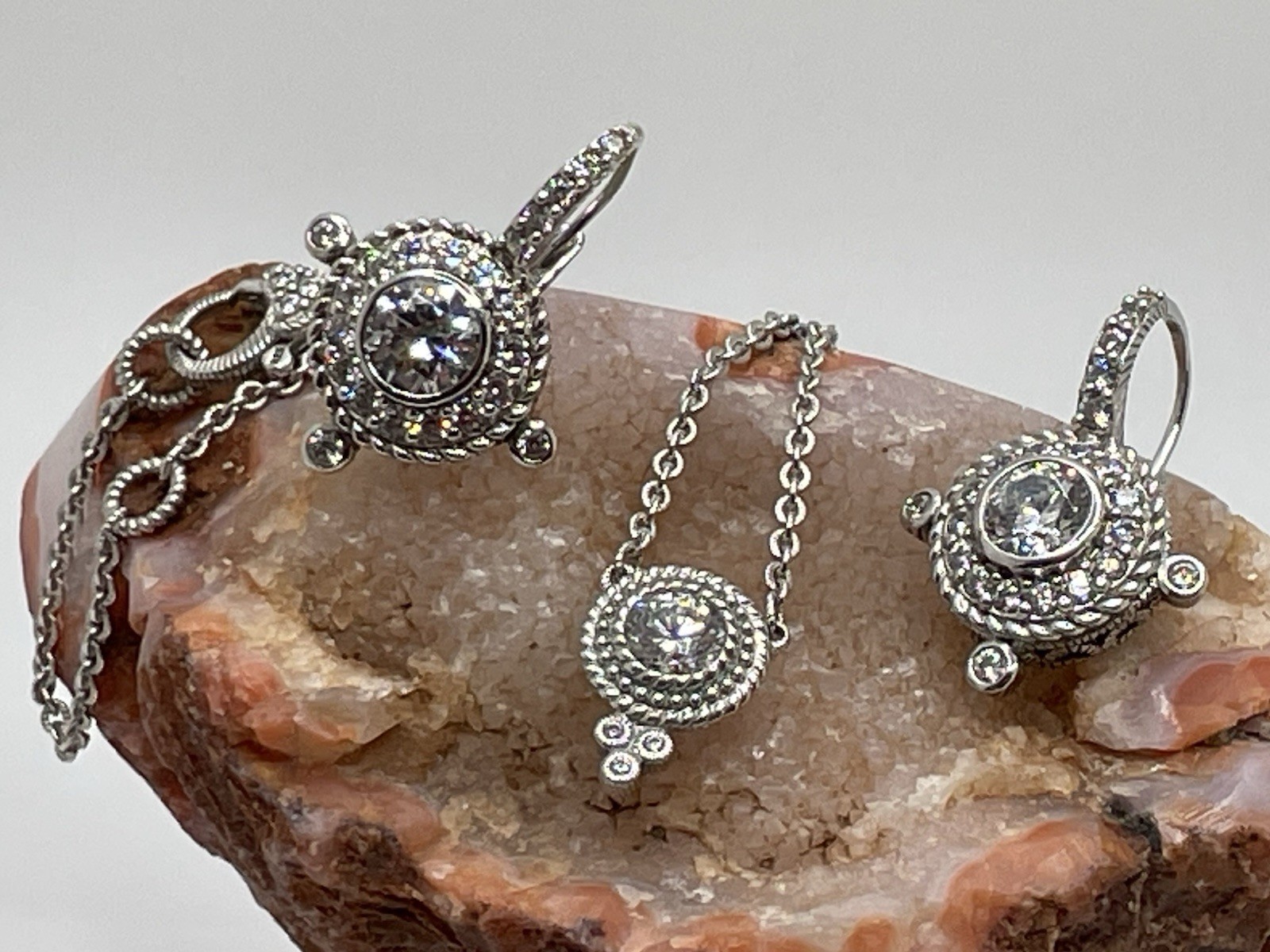 JUDITH RIPKA 925 Sterling Silver C Z Station Chain Pendant Necklace & Earrings