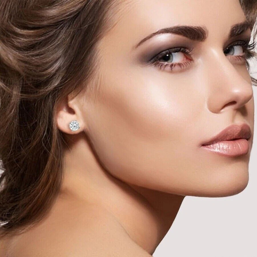 4 Ct Round Cut Moissanite D Stud Earrings 14K White Gold Plated 8mm ScrewBack