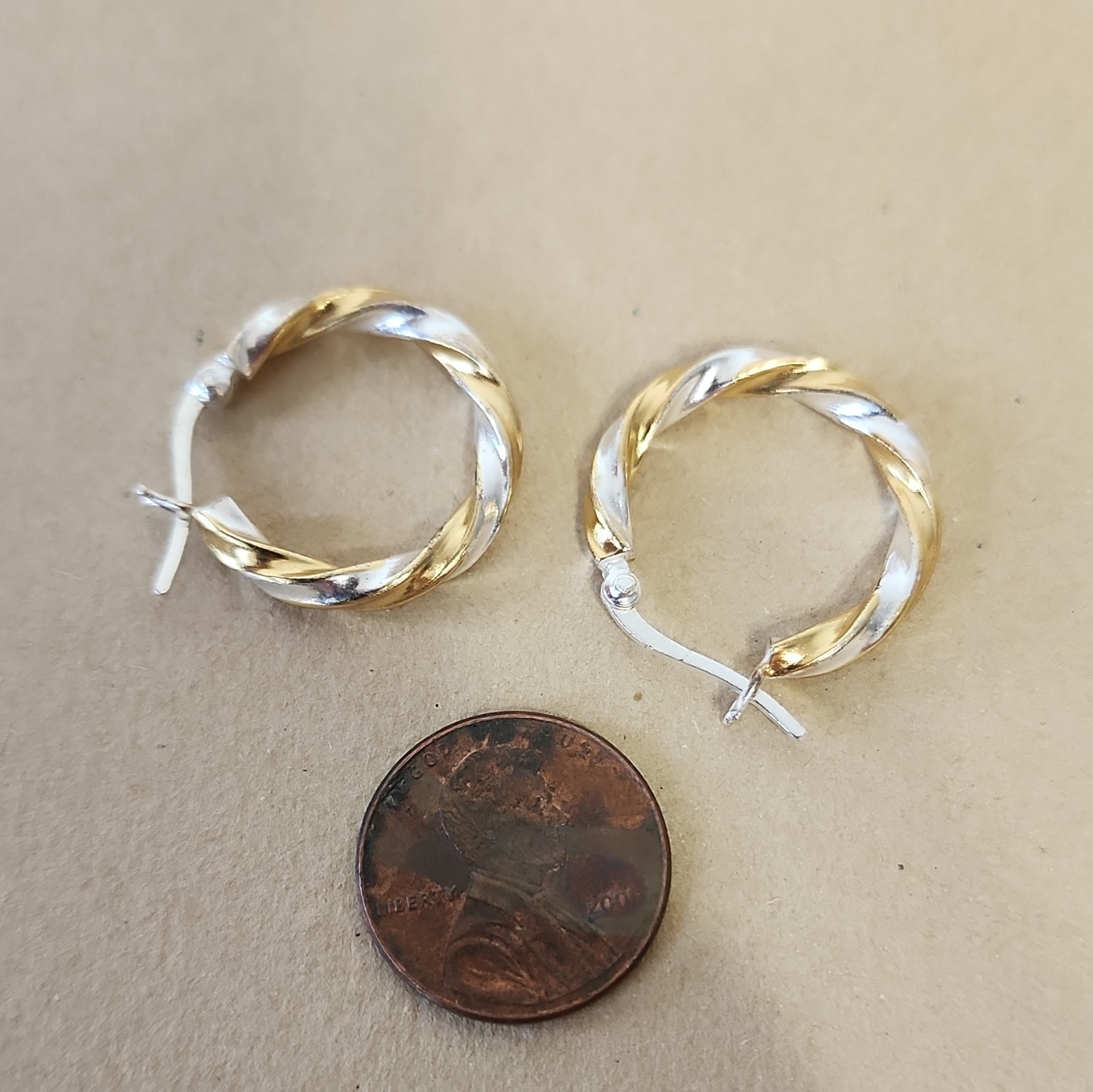 925 Sterling Silver Two-Tone Twisted Round Hoop Earrings, Snap Closure, Signed