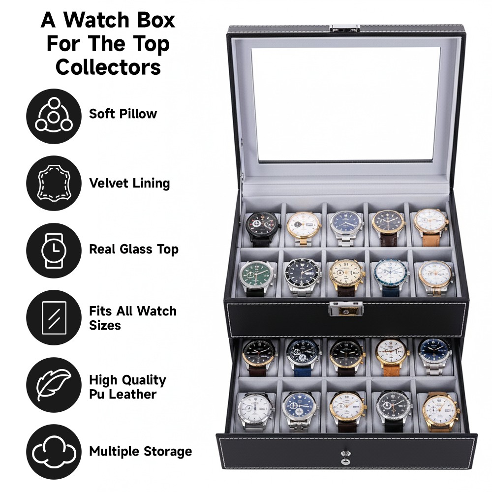 Mens Watch Box Display Case Storage Organiser PU Leather Holder Glass Top Gift