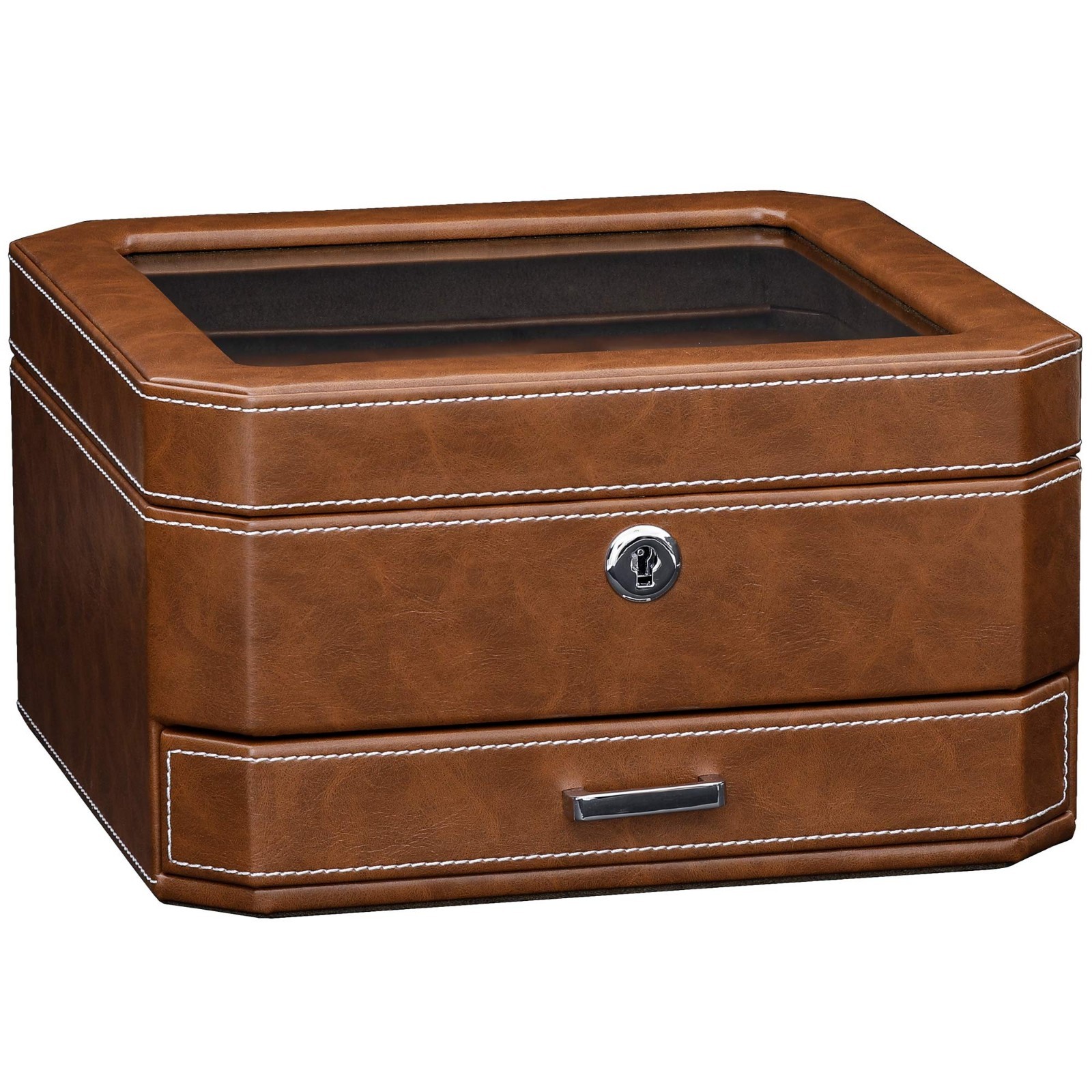 Luxury 6-Slot Leather Watch Box with Valet Drawer – Glass Top Organizer, Locking