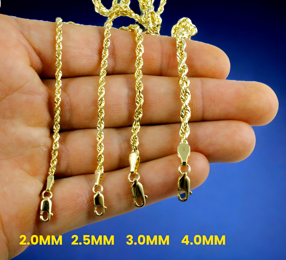 10K Yellow Gold Rope Necklace Chain Diamond Cut Real Gold 2mm-12mm 16″-30″