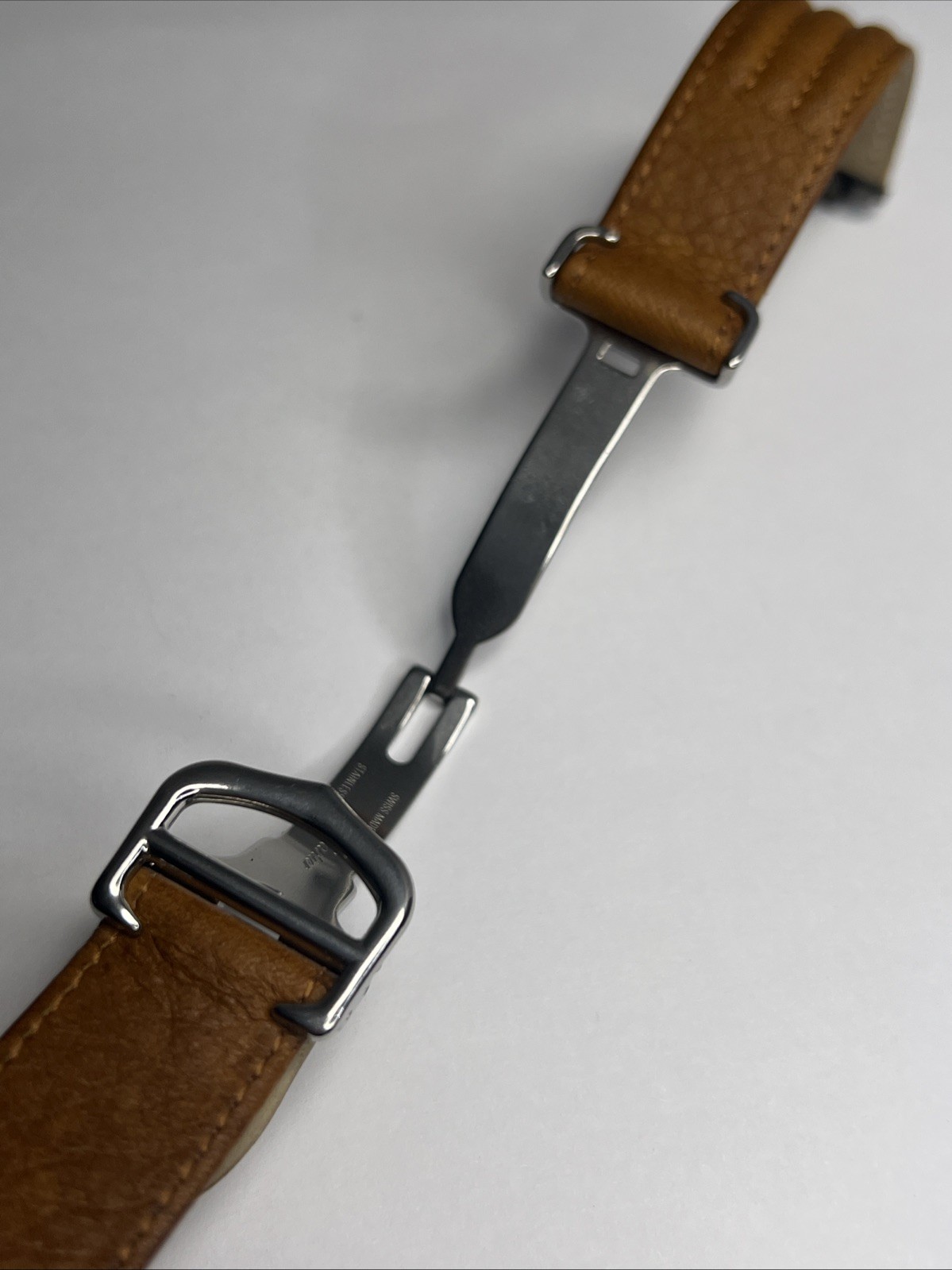 19mm Cartier Tan Ridged Leather Strap Band & 17mm Steel Foldover Deployant Clasp