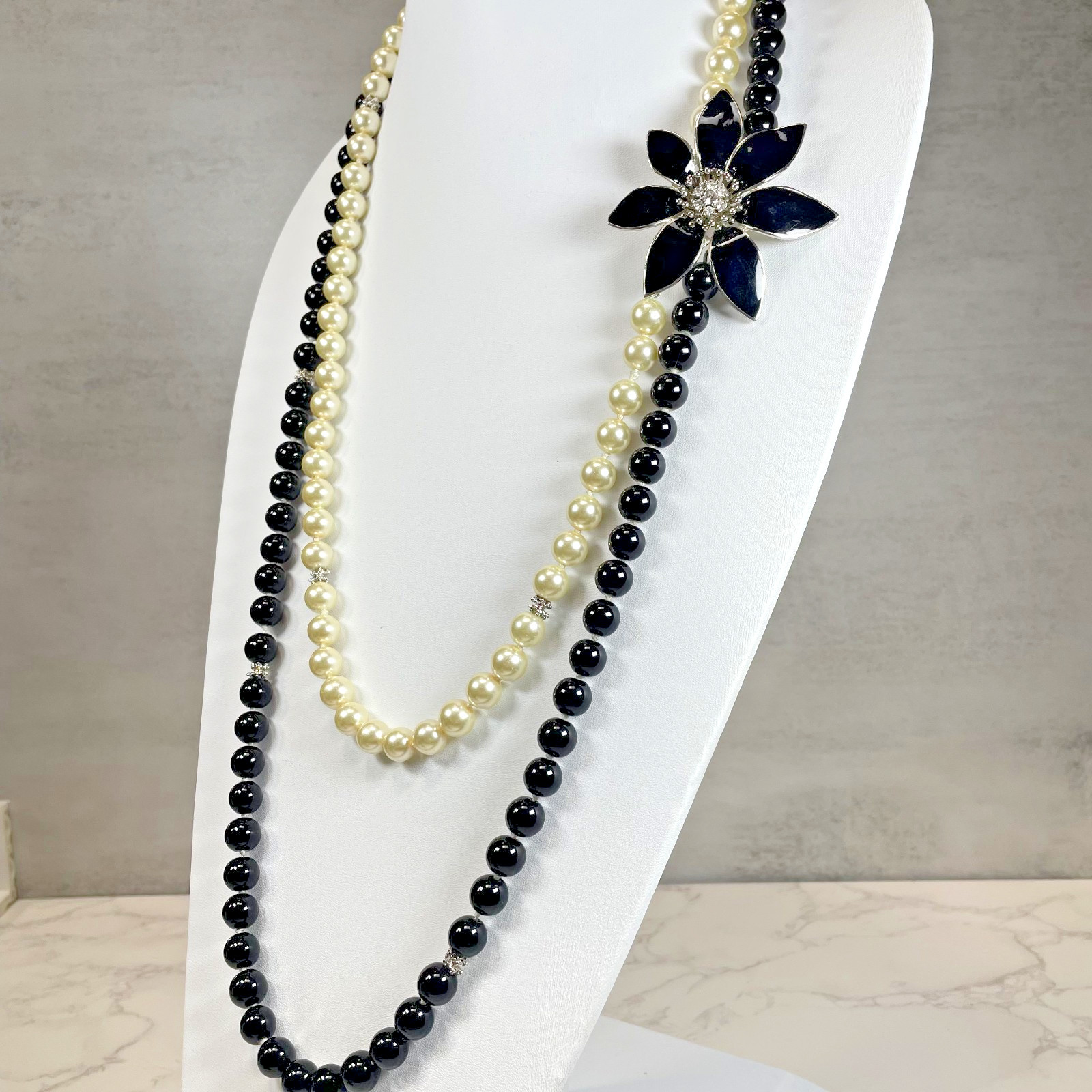 Stunning Talbots Signed Black Enamel Rhinestone Flower Two Strand Bead Necklace