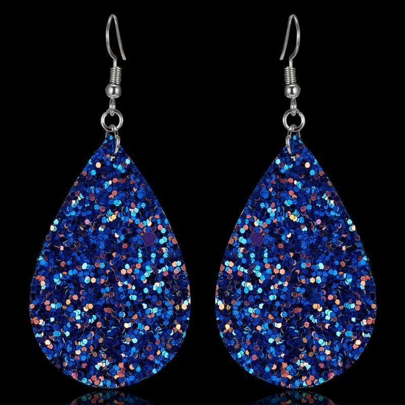 Fashion Jewelry Blue Glitter Faux Leather Fabric Teardrop Hook Dangle Earrings