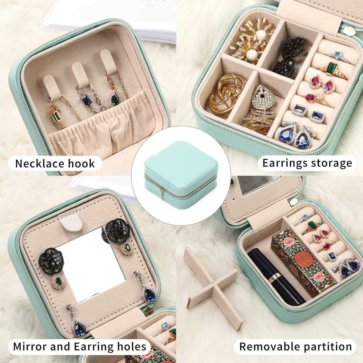 Small Travel Jewelry Case with Mirror, Portable Organizer Box, Blue