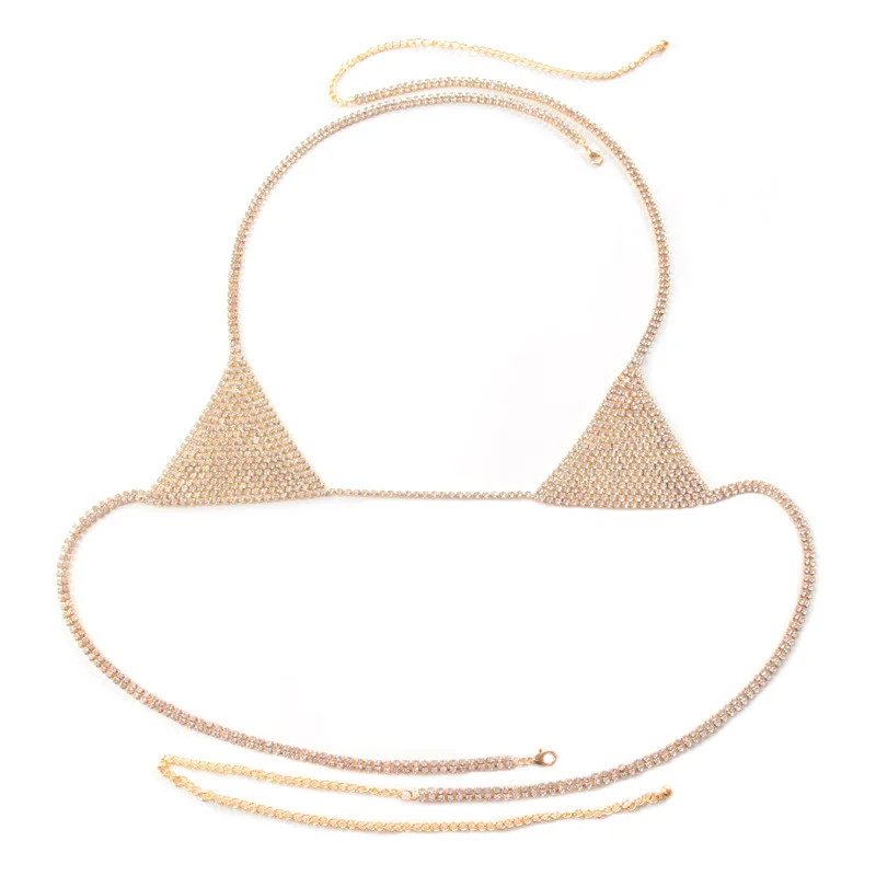 Fashionable Sexy Rhinestone Triangle Bikini Chest Chain Sandy Beach Women Body