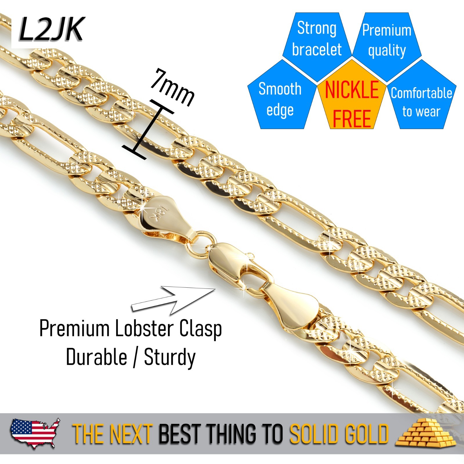 Frost Italy Figaro Chain 18K Gold Plated 7mm 24″ Hip Hop Fashion For Men & Women