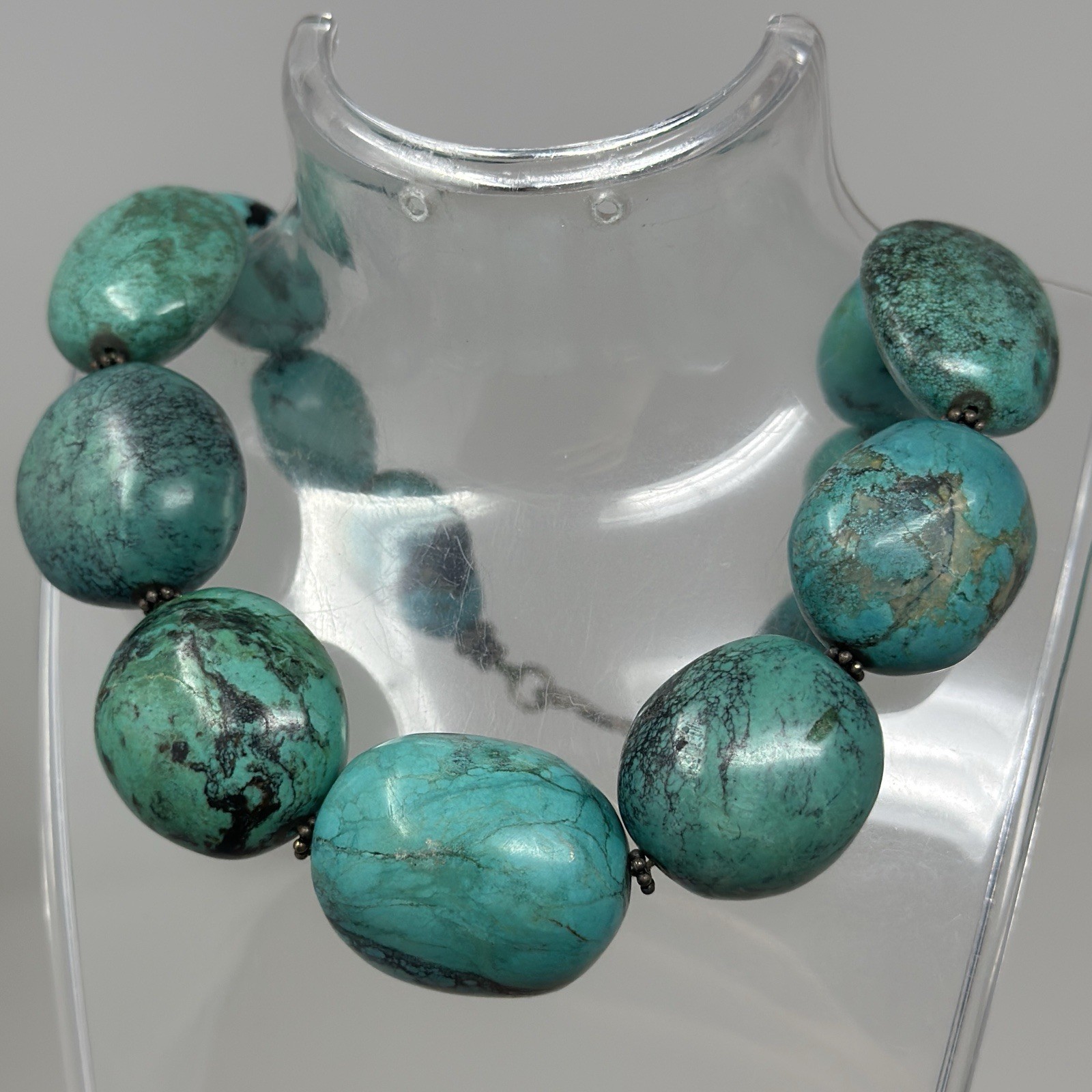Stunning Natural Green Hubei Turquoise Necklace Large Chunky Polished Oval Beads
