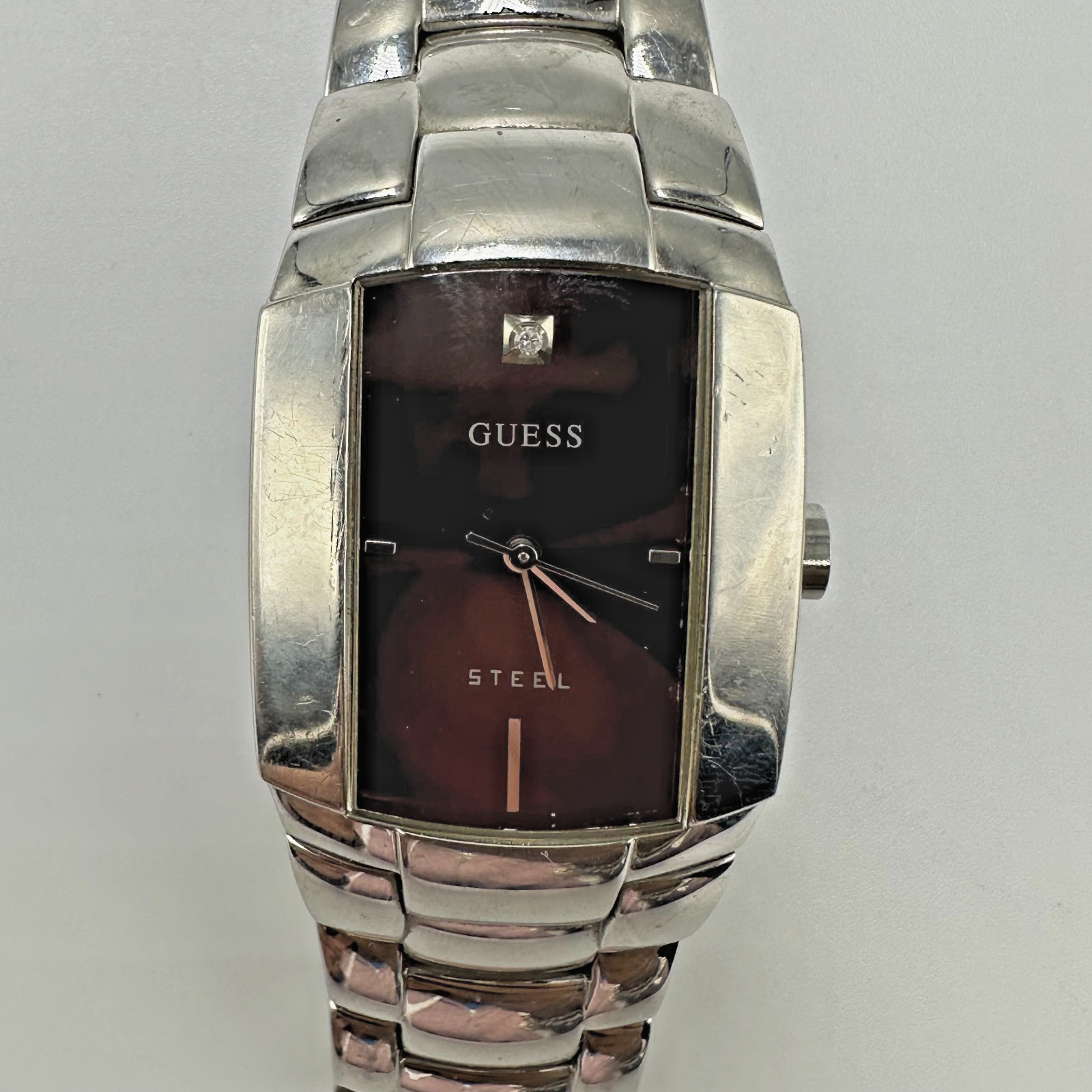 Guess Steel Watch Men Maroon Dial Barrel Case Water Resistant New Battery 7.25″