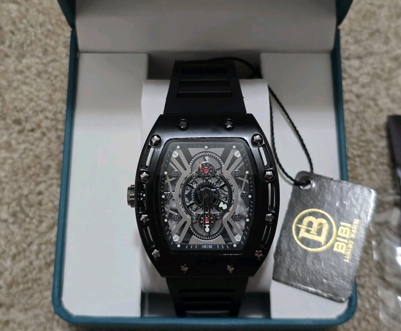 Brand New BIBI Men’s Automatic Skeleton Watch Black Barrel With Silicone Band