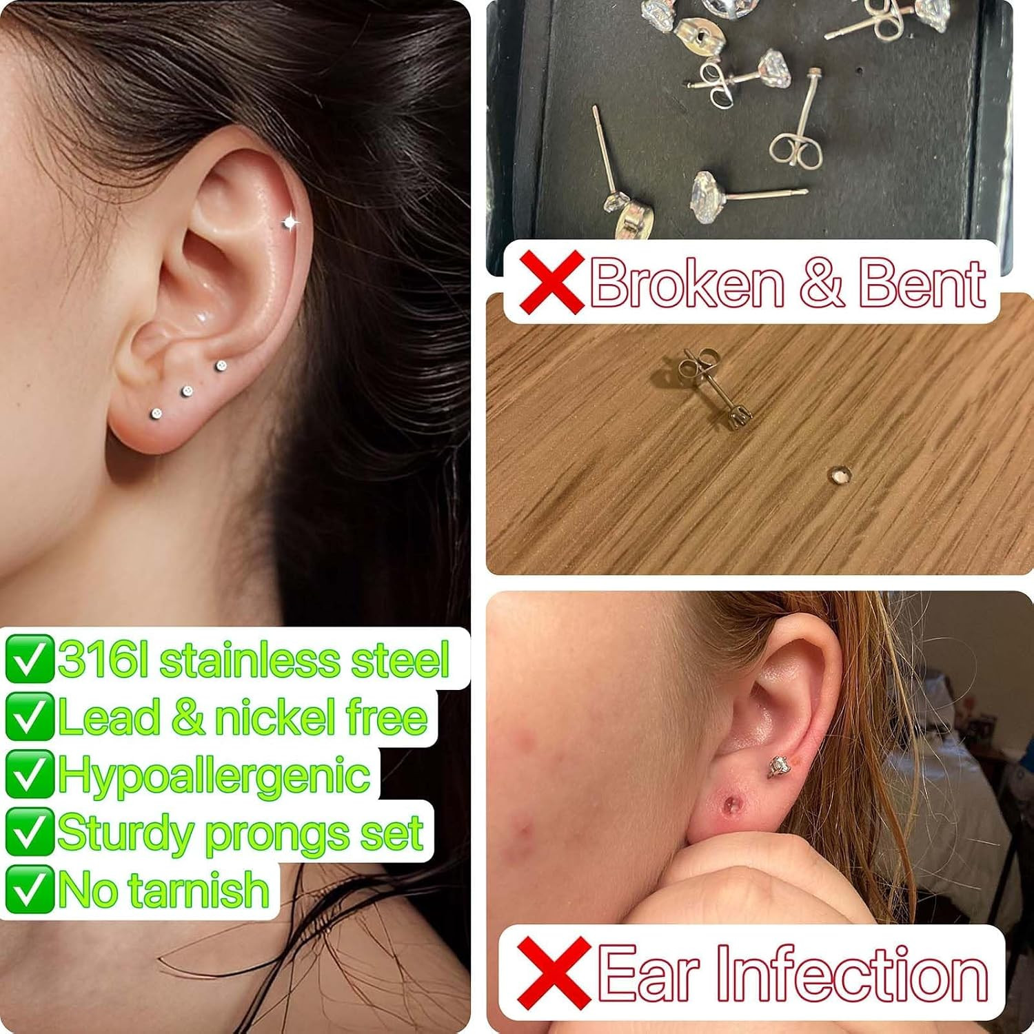 10 Pairs Small Stud Earrings for Women Hypoallergenic Multiple Piercings | Clear