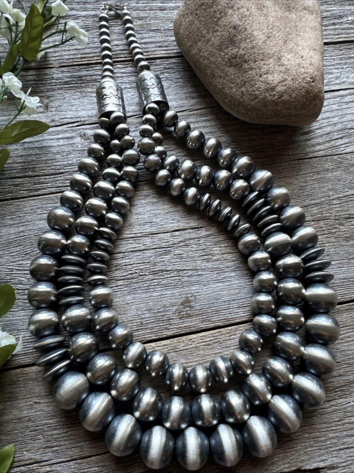 Sterling Silver Layered Multi Strand Pearls Bead Necklace 22 Inch “Navajo Style”