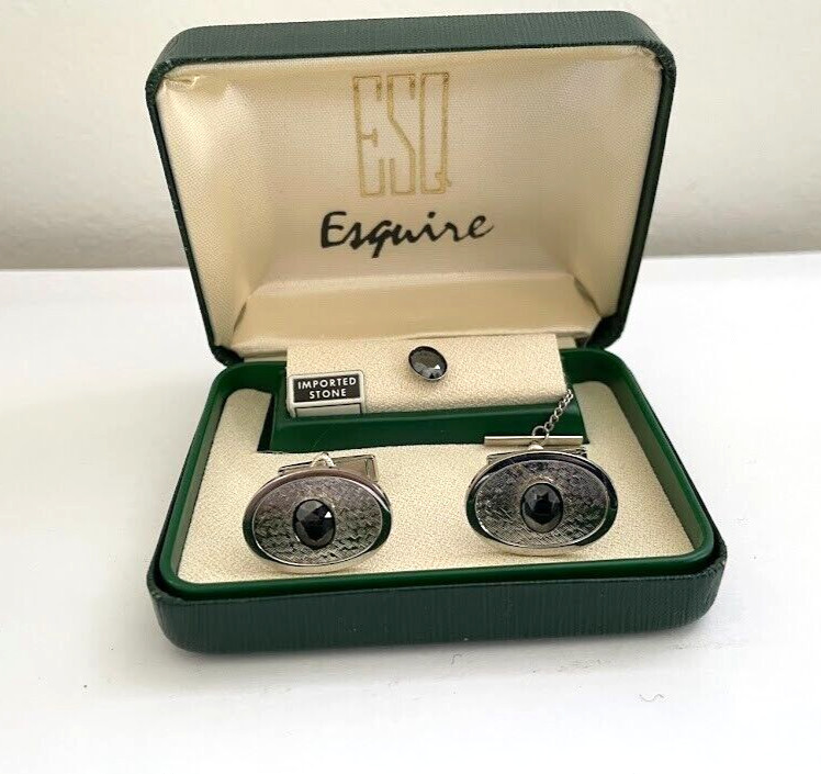 New Esquire Vintage Cufflinks w/ box imported stone tie tac silver oval w/ black