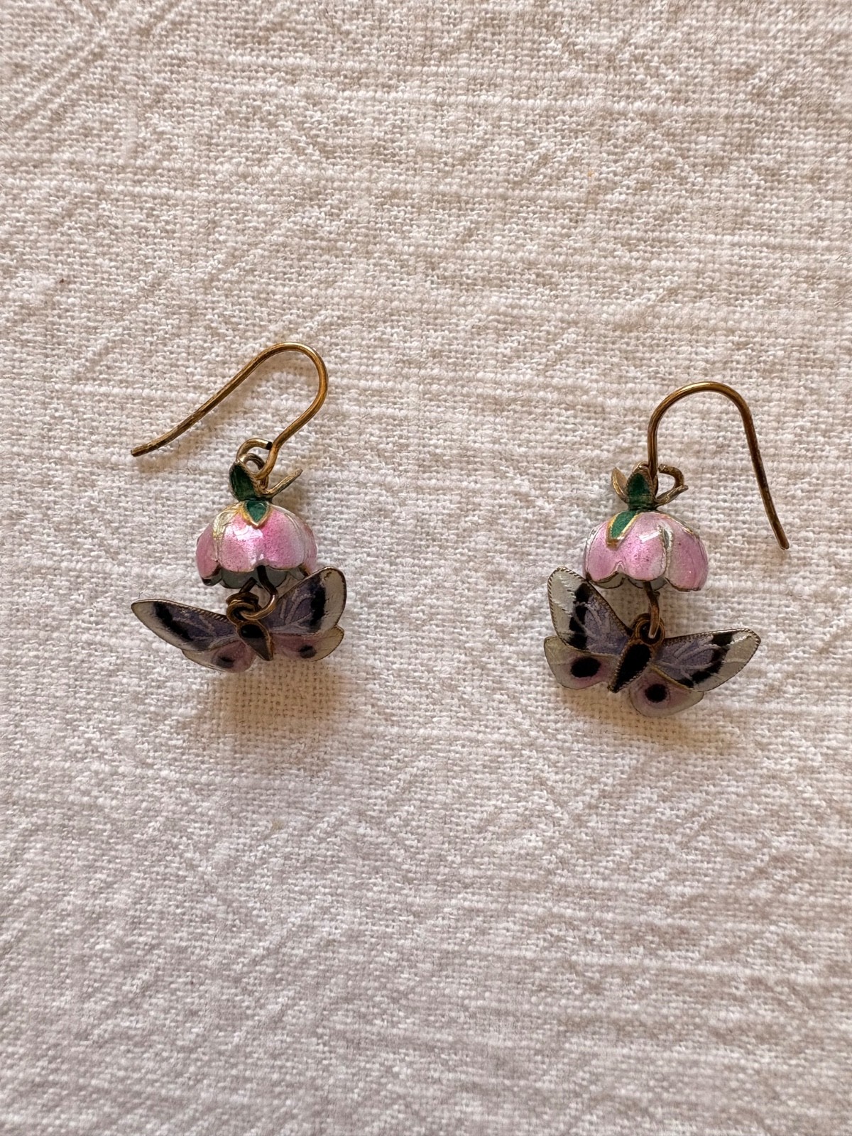 Dangly enamel sterling 925 vermeil unique butterfly in flower earrings
