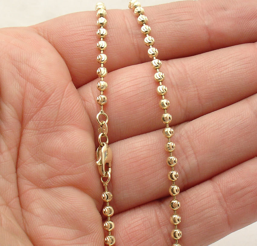 3mm Solid Half Moon Diamond Cut Bead Ball Chain Necklace REAL 10K Yellow Gold