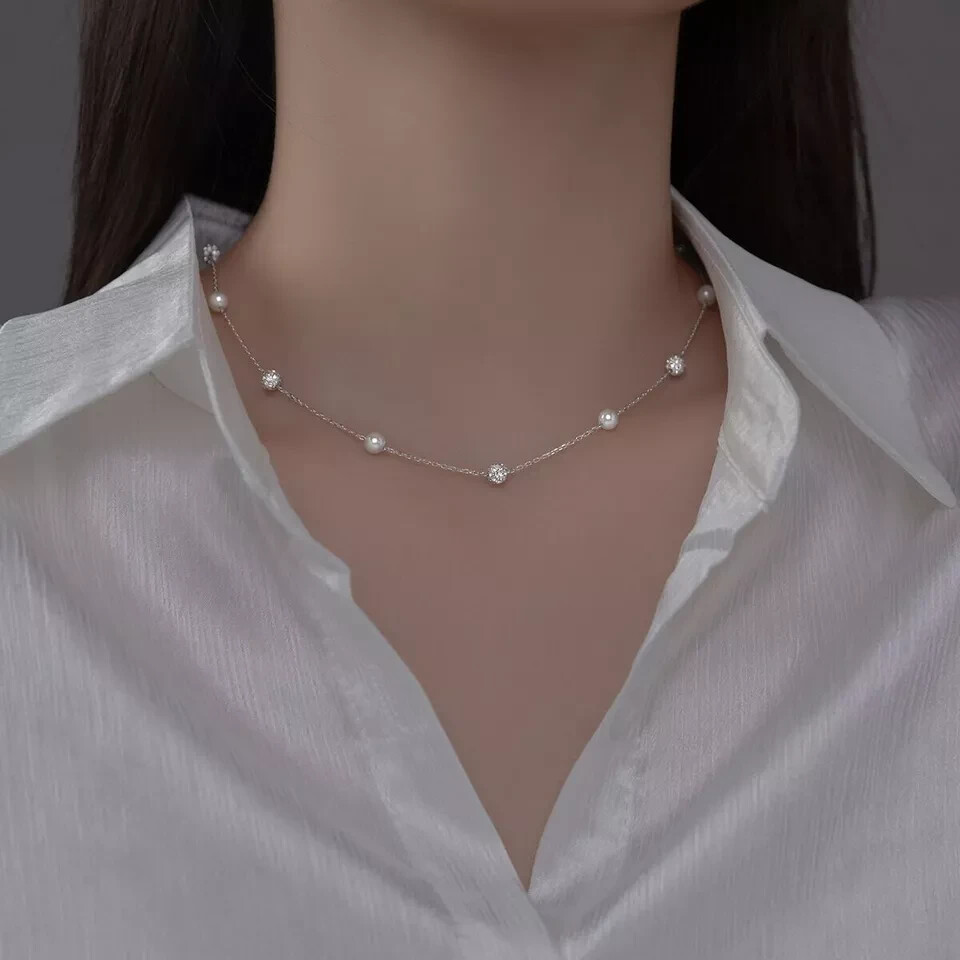 Woman Real S925 Sterling Silver Starry CZ Pearl Necklace Chain