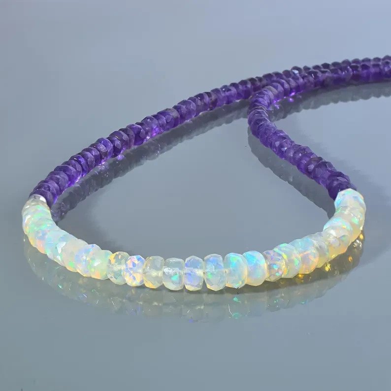 Handmade Natural Welo Fire Opal & Amethyst Beaded Necklace 925 Silver 18″ Gift