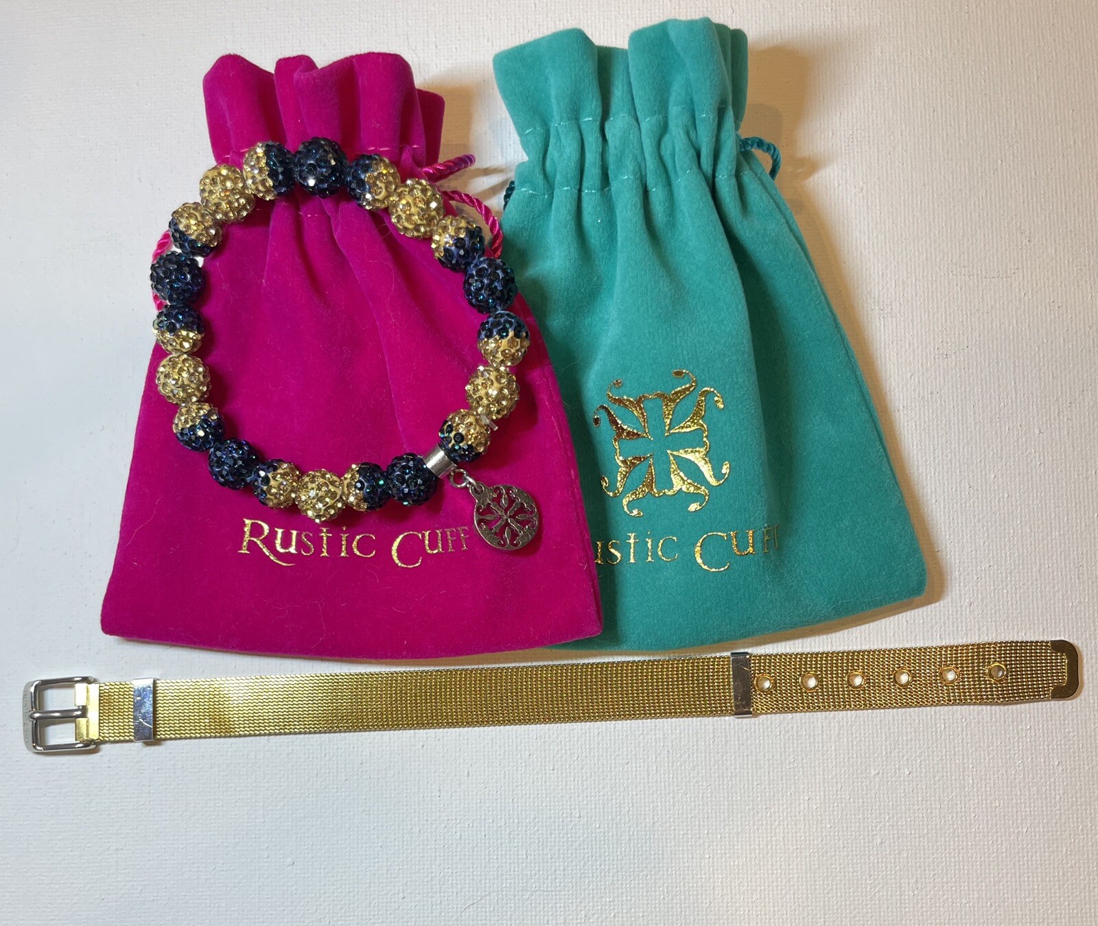 Rustic Cuff Bracelet 2 Piece Set Shambala Beads And Mesh Band Navy/Gold w/bags