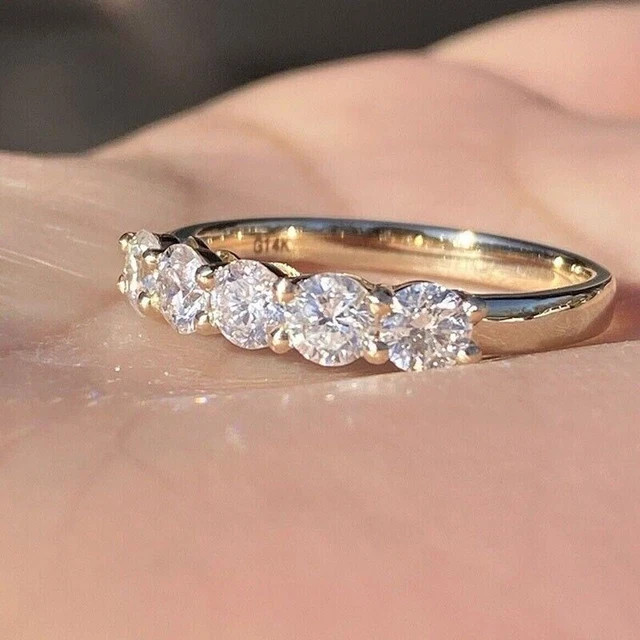 1CT Round Cut Moissanite Band Five Stone Wedding Ring 14K Yellow Gold Plated