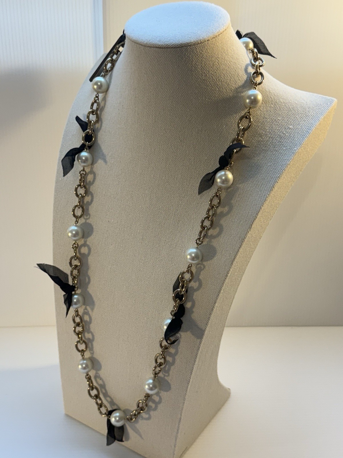 90’s Ann Taylor NWT Statement Necklace Chain Pearl Ribbon Heavy Chunky 33.5” L