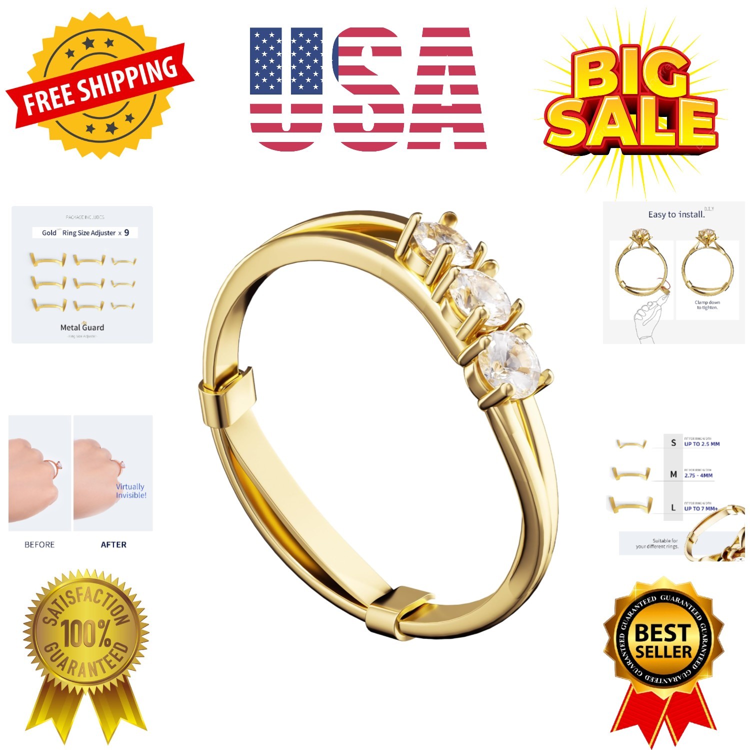 12 Pack Filled Gold/Silver Metal Ring Guard,Invisible Ring Size Adjuster Set for