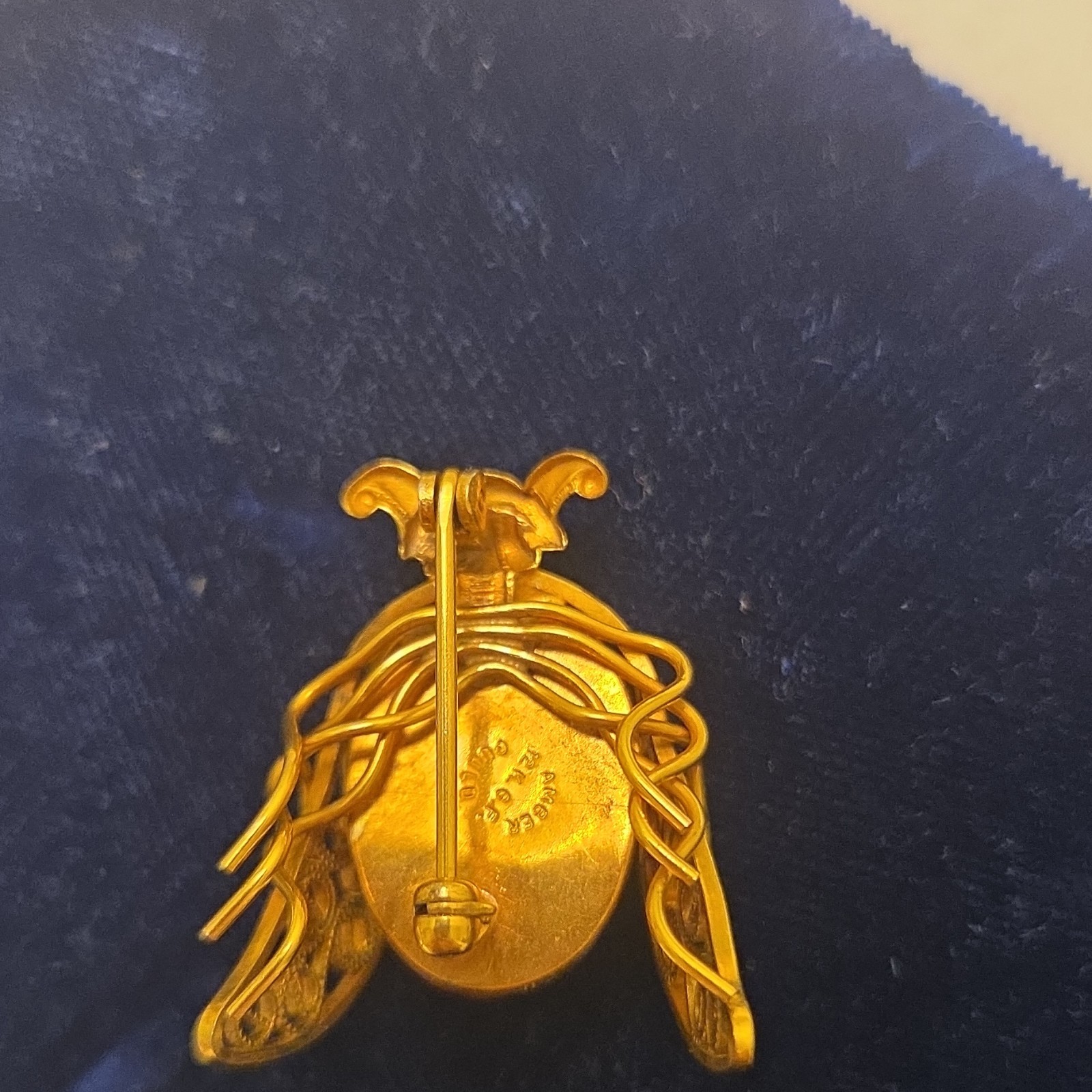 12 K Gold Tone Bee/Insect Brooch Pin, Orange Cabochon Bezel Set