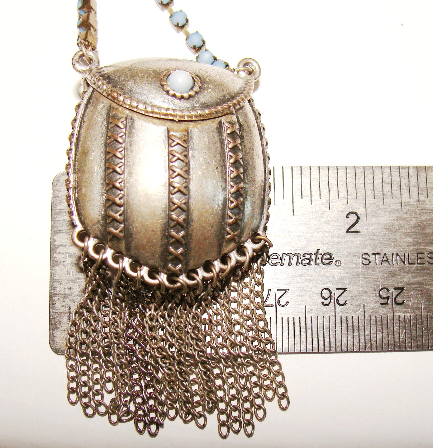 VTG Ethnic Silvertone Blue Bead Compartment Pill Poison Purse Like Necklace 31″
