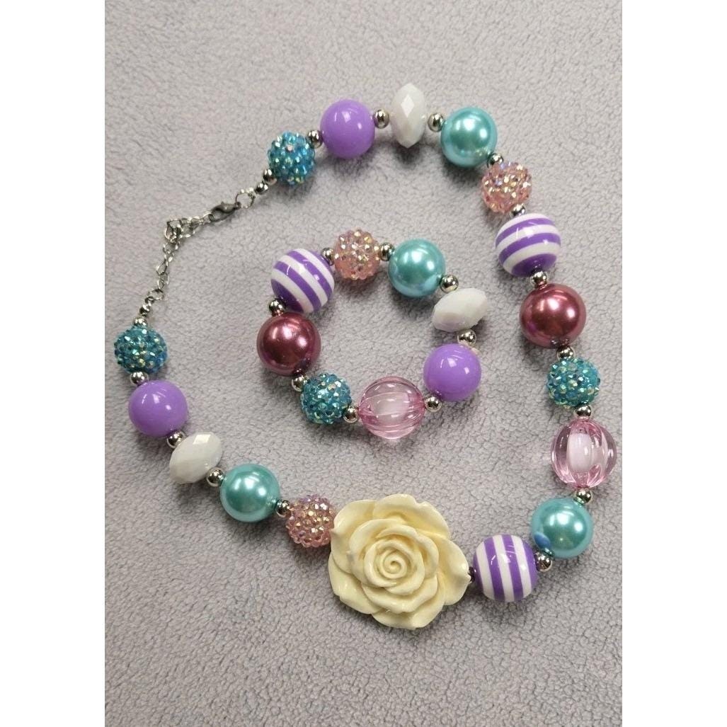 Girls 6 Bubblegum Bead Necklace & Bracelet Sets Kids Colorful Whimsical Holiday
