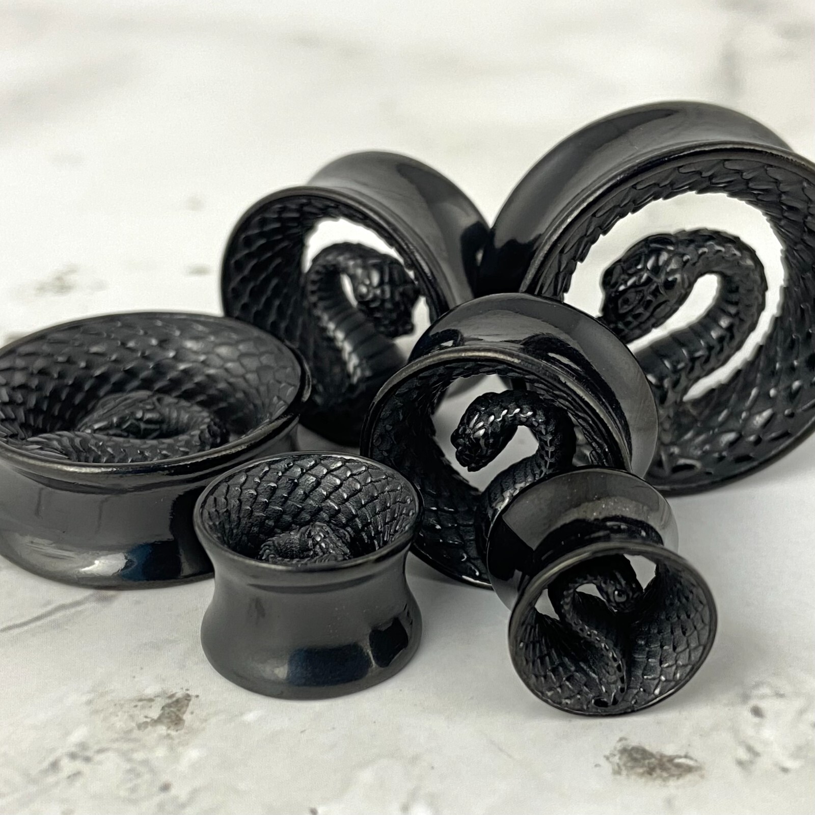 Pair of 316L Black Steel Snake Double Flare Tunnels (PS-292, BLACK) gauges plugs