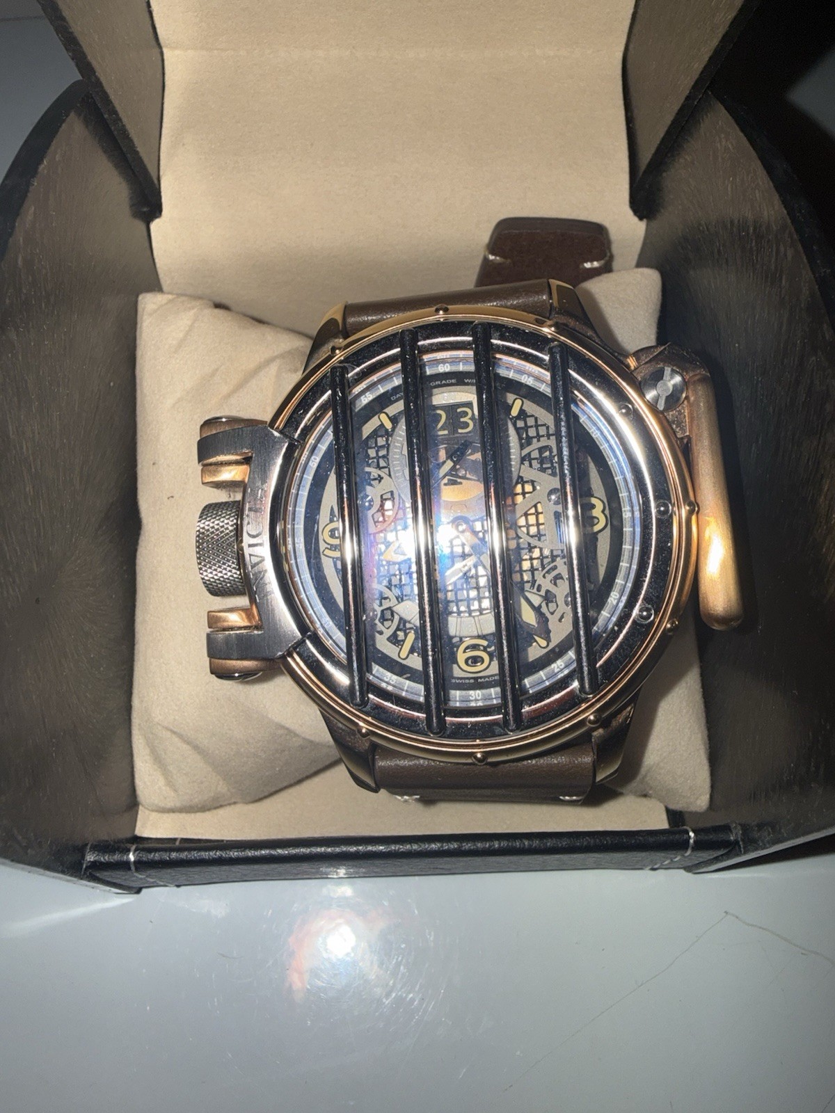 Invicta Russian Diver Men’s Quartz Skeleton Dial 52mm 200m Brown Leather