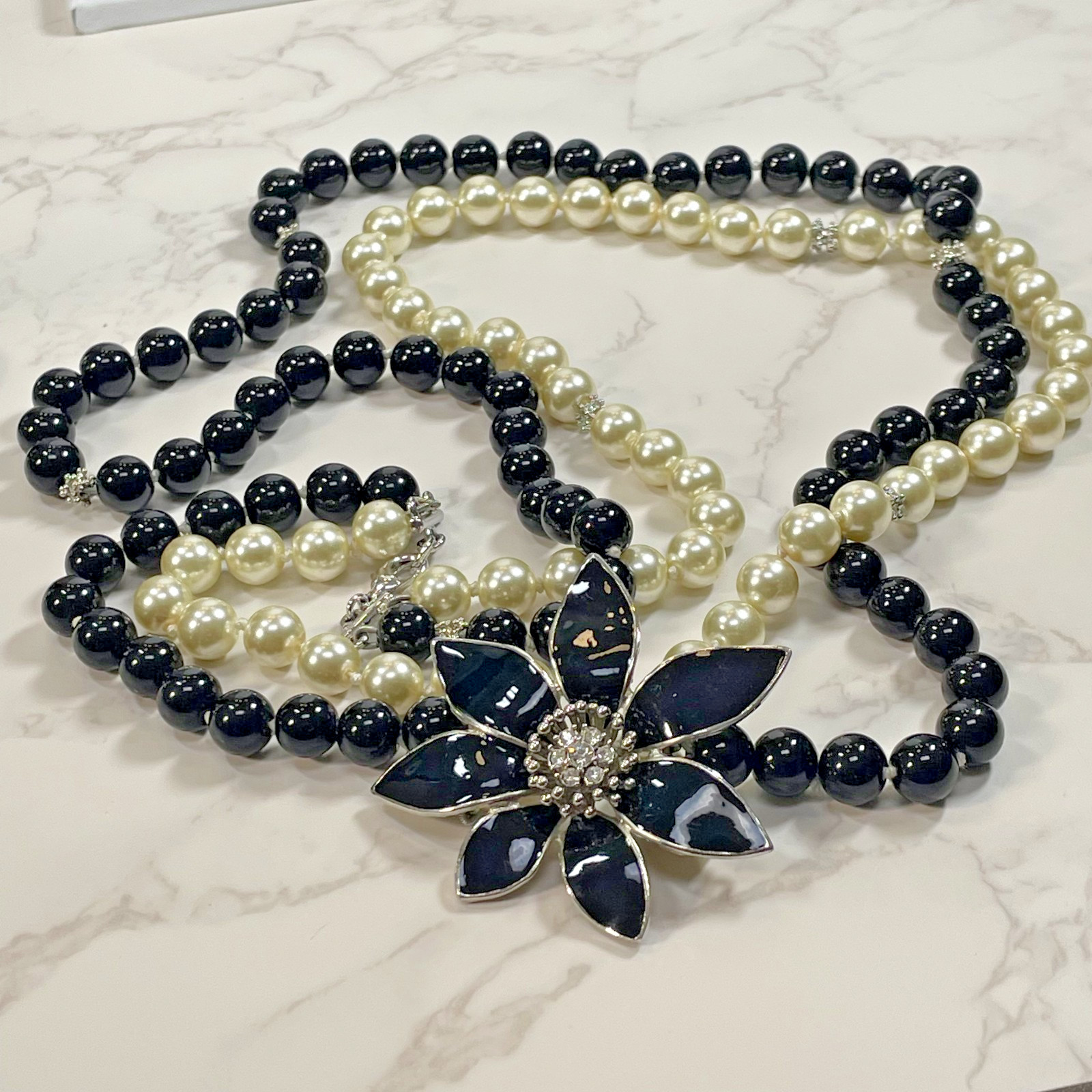 Stunning Talbots Signed Black Enamel Rhinestone Flower Two Strand Bead Necklace