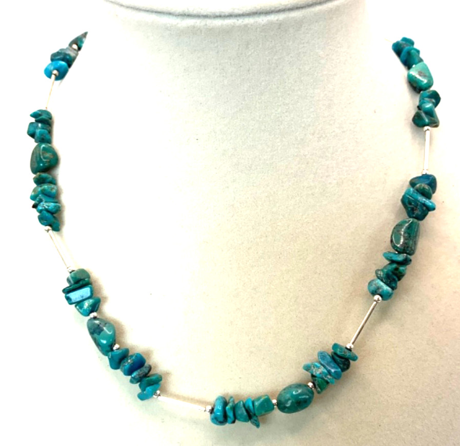 Vintage Southwest Liquid Silver Turquoise Nugget Necklace 1970s 80s Boho